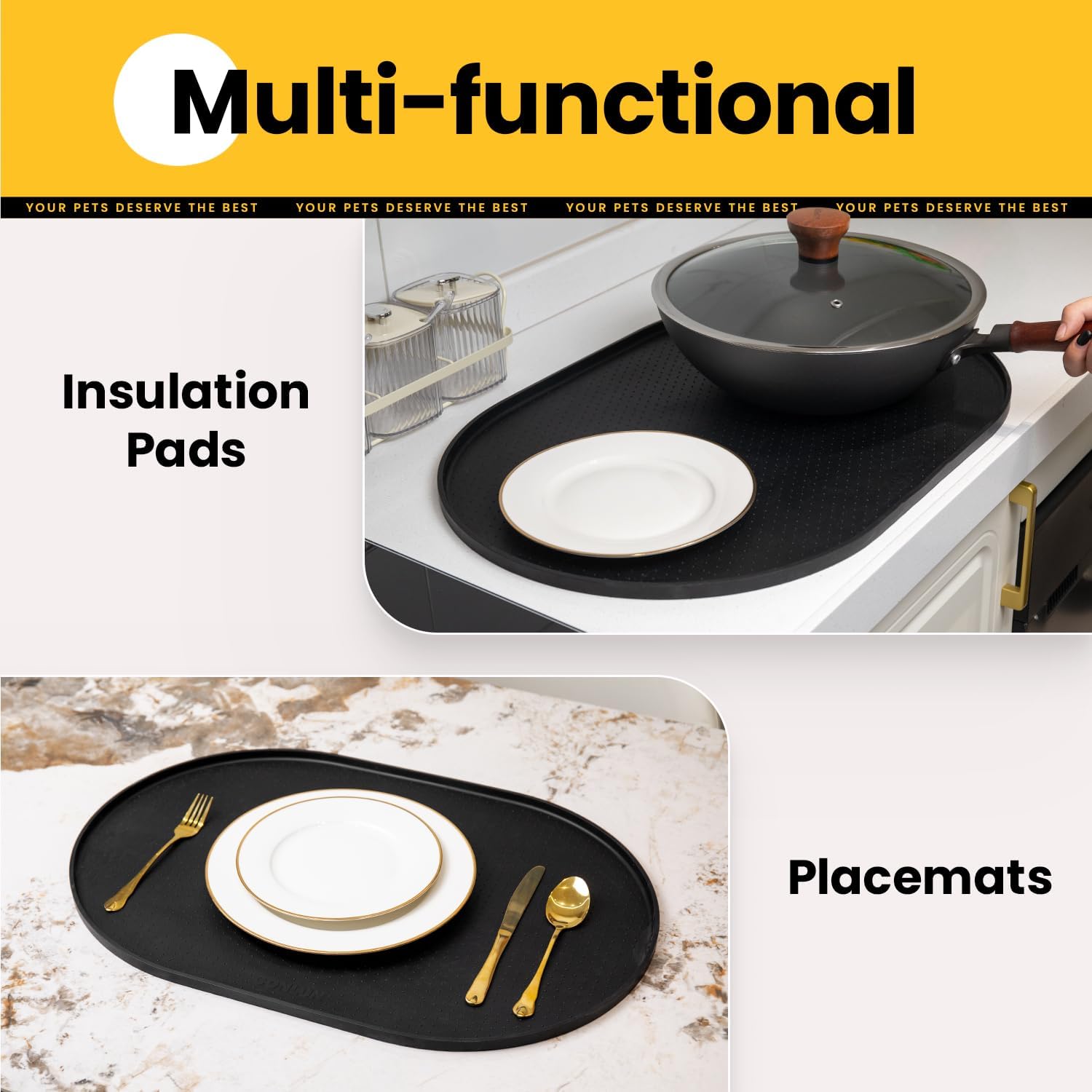 Tapete de comida para perros, bordes elevados de 12 pulgada, tapete de alimentación para gatos y perros para contener derrames, tapete de silicona