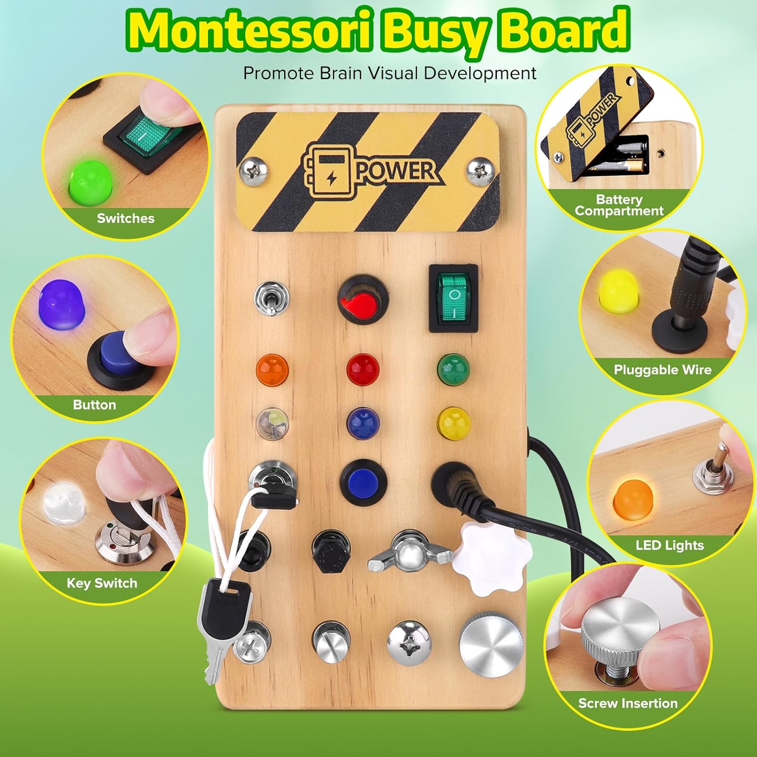 wakeInsa Tablero Montessori con luz LED y juego de herramientas para niños pequeños, juguetes Montessori para niños de 3 a 7 años, placa de circuito