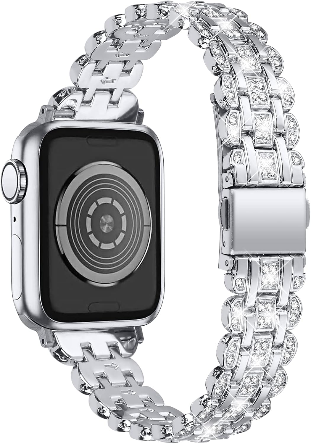Correas brillantes y funda compatible con Apple Watch de 1.49, 1.57, 1.61, 1.65, 1.73, 1.77 y 1.73 pulgadas, pulsera delgada de metal con cubierta