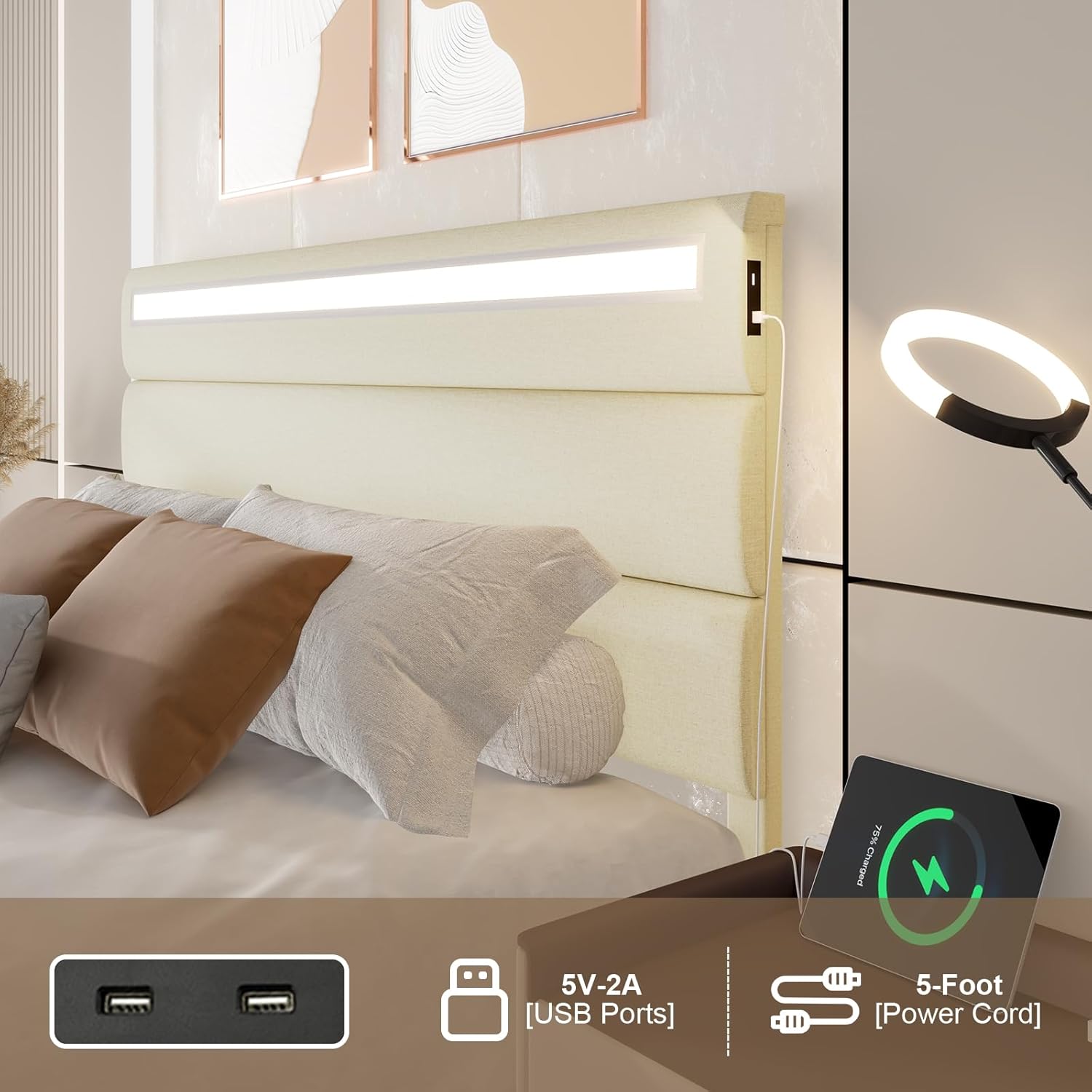 Base de cama de tamaño matrimonial con estación de carga y luces LED, marco de cama tapizado moderno con cabecero, camas de tela de lino, listones