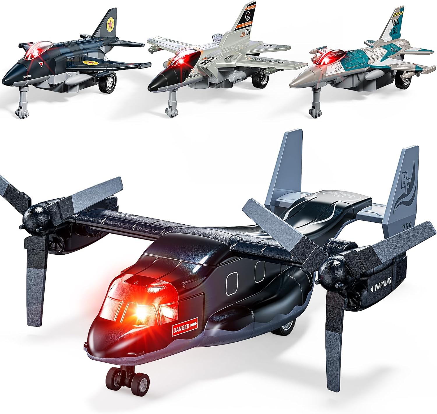 Geyiie Juguetes de aviones fundidos, juego de juguetes de avión del ejército para niños de 3 a 12 años, helicóptero de transporte militar con alas