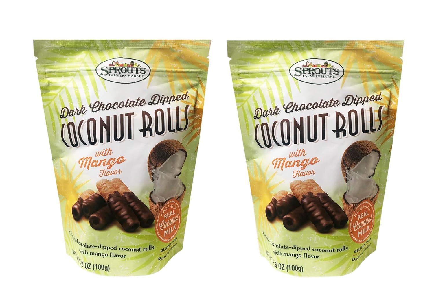 Sprouts Rollos de coco dulce crujiente de 3.5 onzas, paquete de 2 unidades (chocolate oscuro con mango)