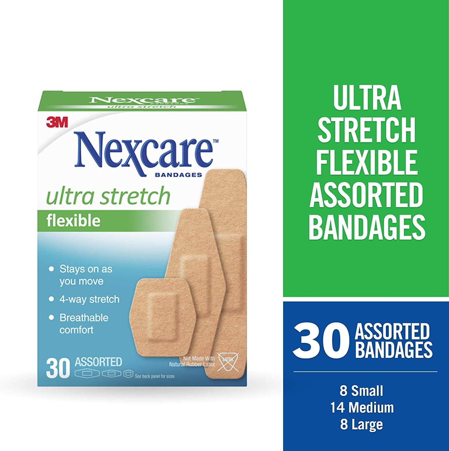 Nexcare Vendajes de tela flexible y resistente, 30 surtidos, paquete de 2