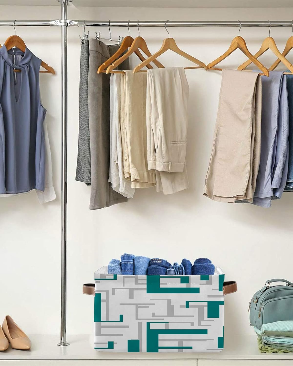 Cesta de almacenamiento gris verde azulado para organizar estantes, cajas de almacenamiento plegables con asa, cesta de lona moderna geométrica