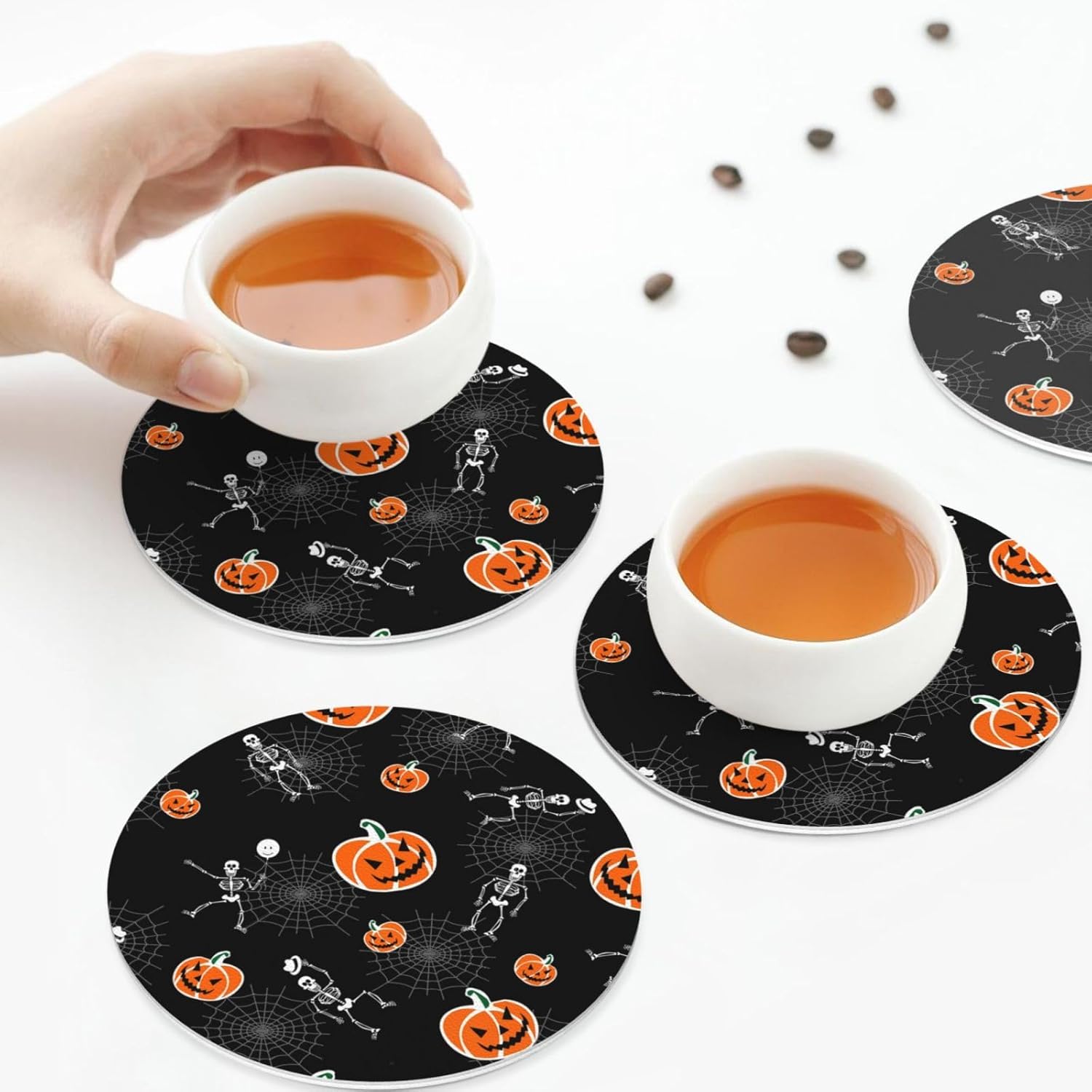 Juego de 6 posavasos de esqueleto de calabazas de Halloween para bebidas, posavasos de piel sintética absorbente para mesa auxiliar, decoración del