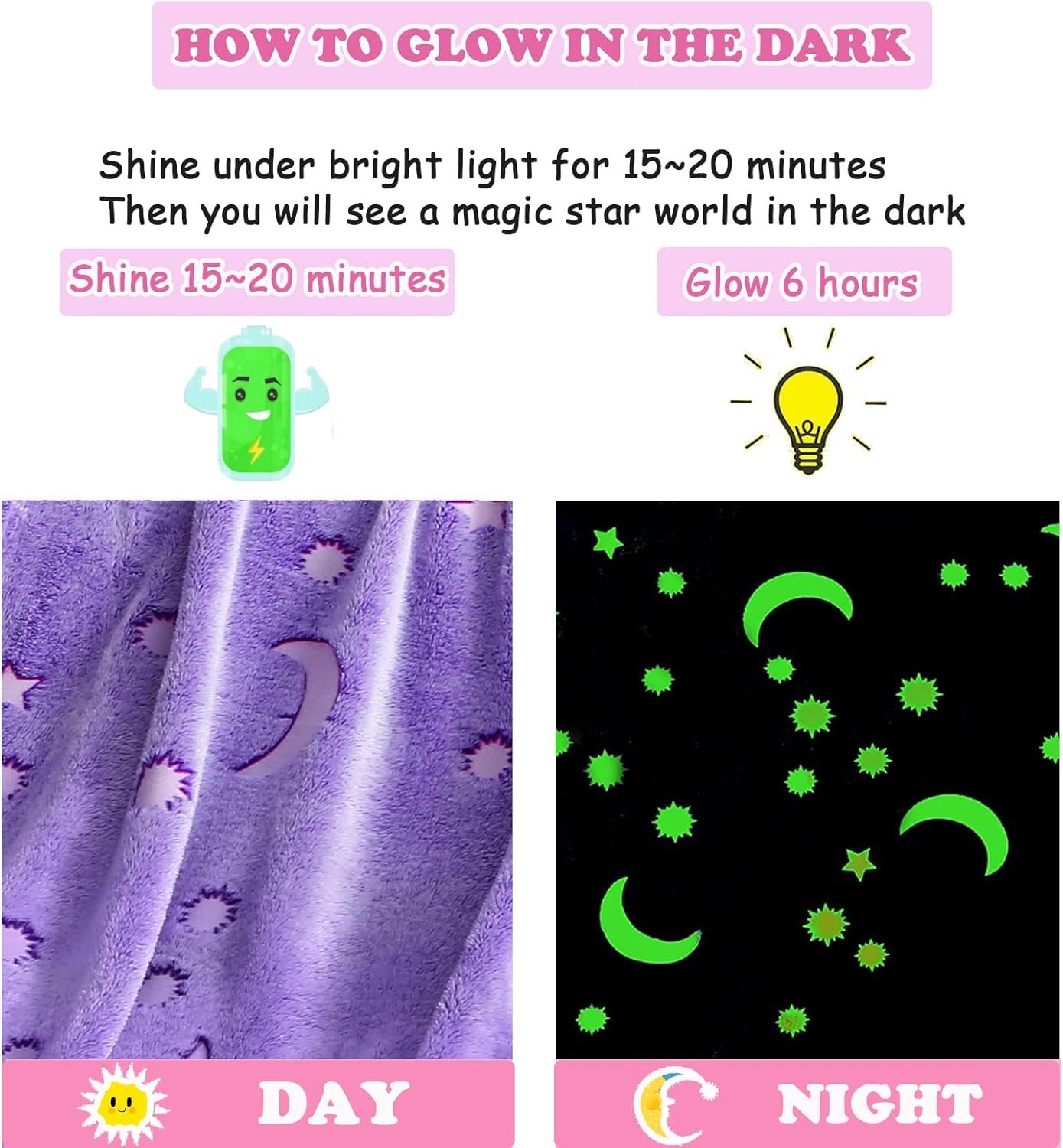 Manta que brilla en la oscuridad para niñas, regalos de cumpleaños, luna morada, estrella, manta suave para niños, adolescentes, niñas y mujeres, 60