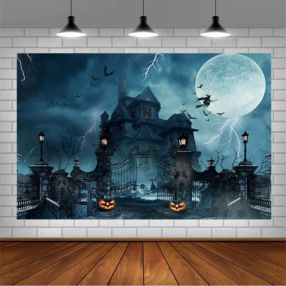 Telón de fondo de Halloween de 7 x 5 pies para fotografía, noche de Halloween, puerta de hierro, castillo de bruja, casas encantadas, luna,