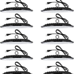 10 piezas de luz LED UFO de alta bahía de 150 W, iluminación comercial impermeable, luz diurna 6000-6500 K, 16500 lm con cable de alimentación, 10 piezas de luz LED UFO de alta bahía de 150 W, iluminación comercial impermeable, luz diurna 6000-6500 K, 16500 lm con cable de alimentación,