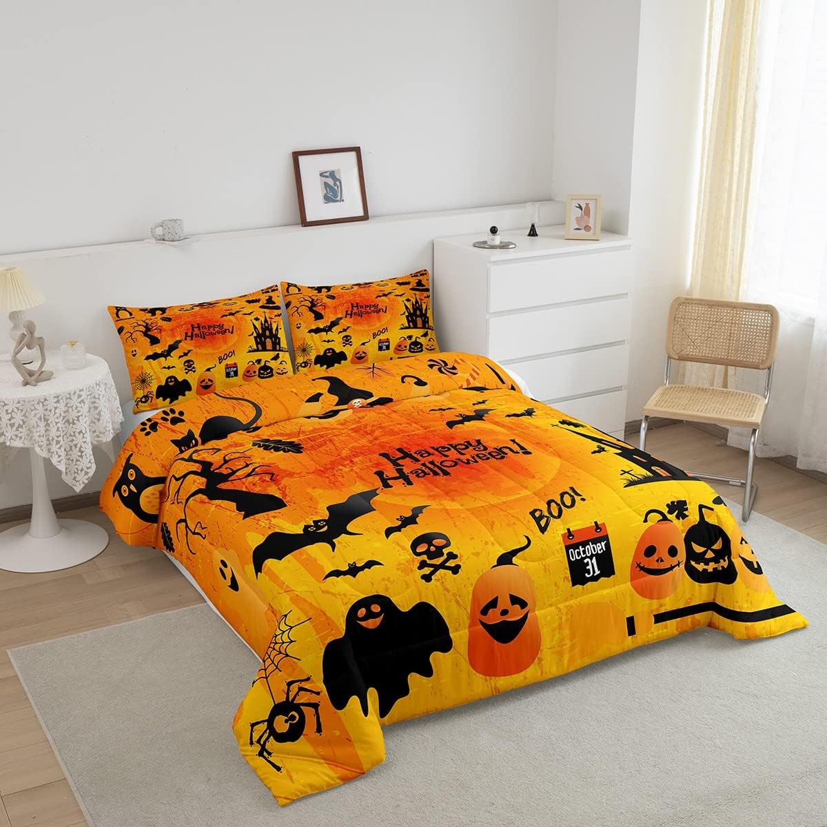 Juego de edredón con temática de Halloween para niños, ropa de cama de 3 piezas para adolescentes, niños y niñas, divertido juego de edredón de