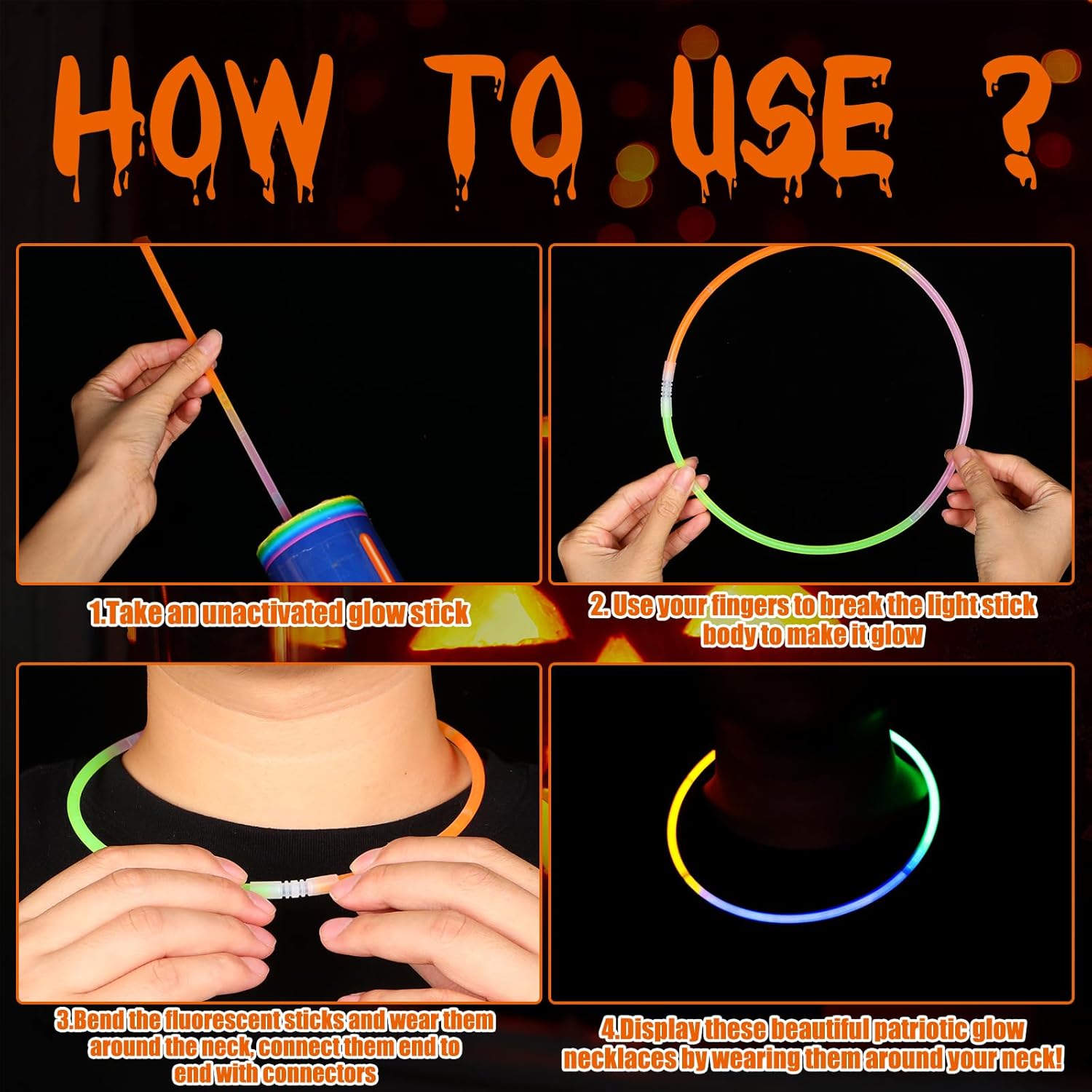 100 collares brillantes de Halloween de 22 pulgadas, collares iluminados, color naranja, morado, verde, que brillan en la oscuridad, para