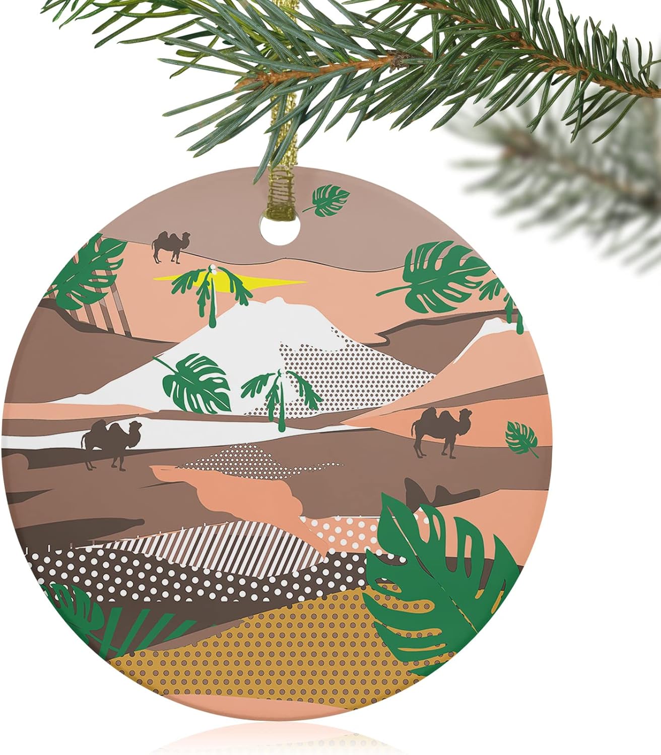 2023 Christmas Ornament Xmas Tree Hanging Accessories,Desert Camel Green Leaf Christmas Tree Round Ceramic Ornaments for Holiday Party Home