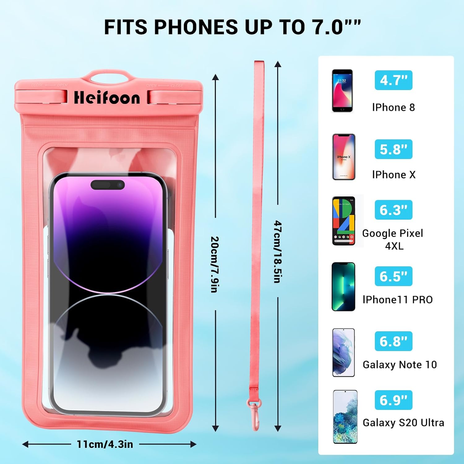 Heifoon Funda impermeable universal para teléfono celular con cordón para iPhone 15 14 13 12 Pro Max Xs Max XR X 8 7 6S Plus SE, Galaxy S22 S21 S20