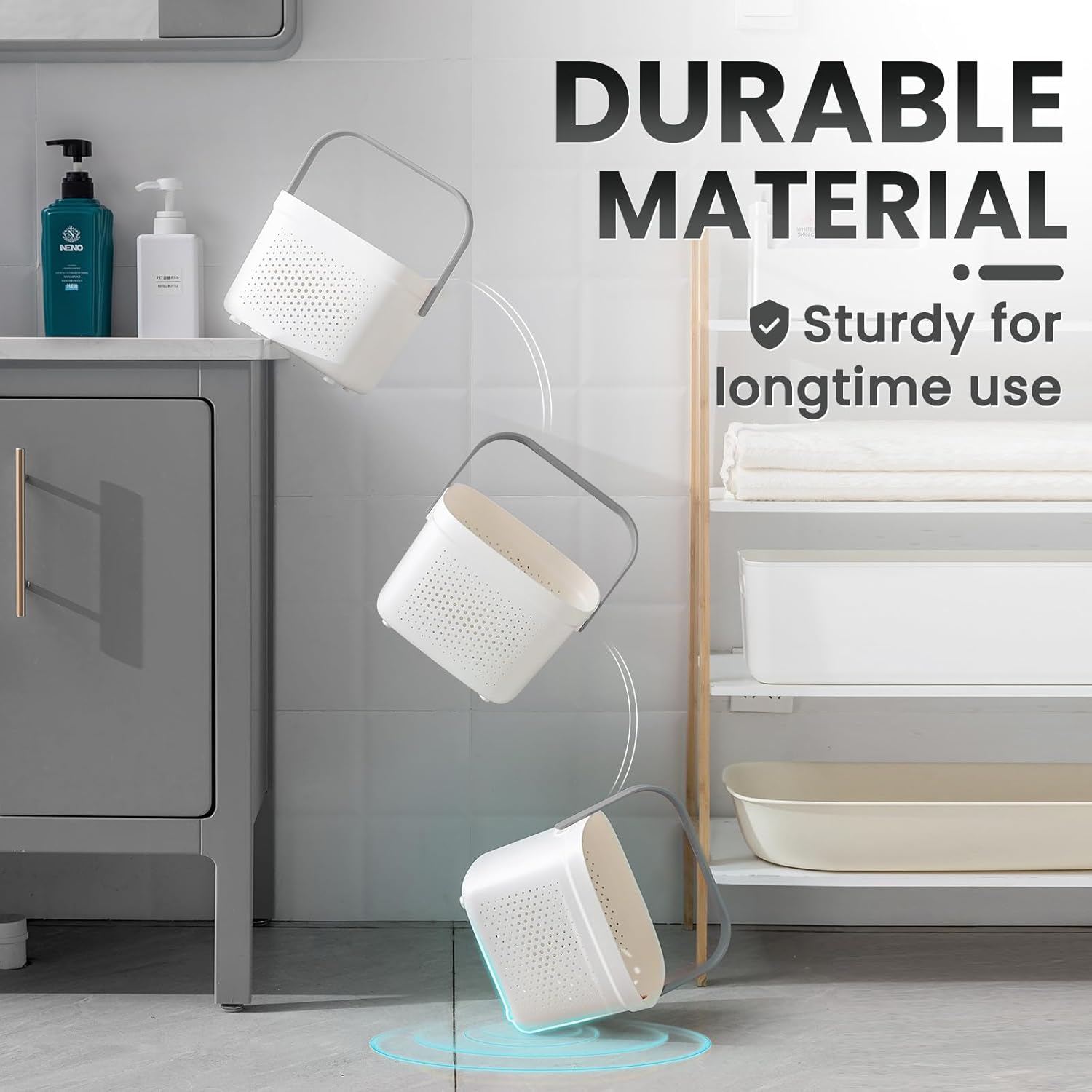 TAILI Cestas de almacenamiento de plástico con asas, organizador de estante de ducha, cesta de ducha portátil para baño, cocina, dormitorio, gris