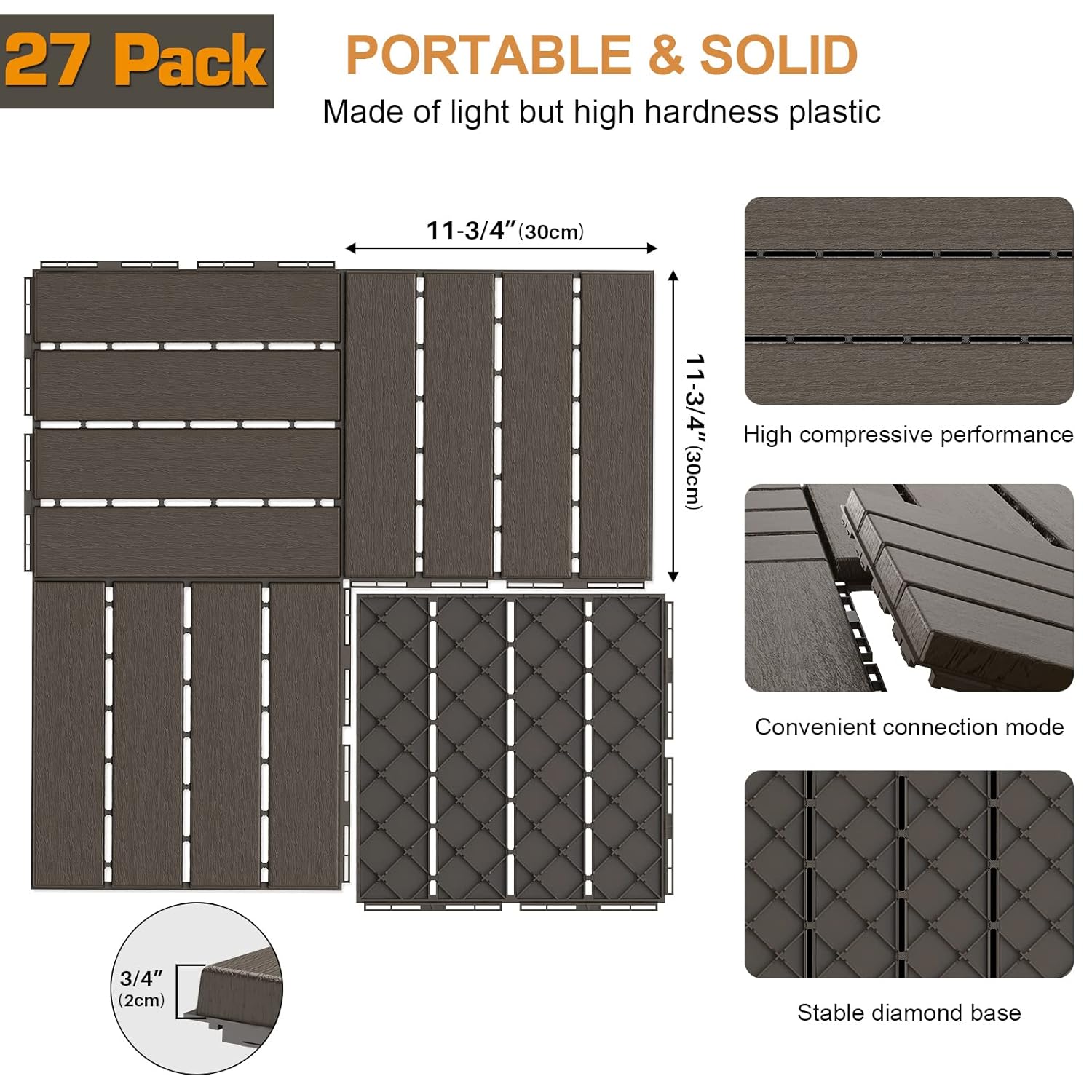 Azulejos de plástico entrelazados de 27 pies cuadrados, 27 piezas impermeables para patio y balcón, baldosas entrelazadas de 12 x 12 pulgadas para