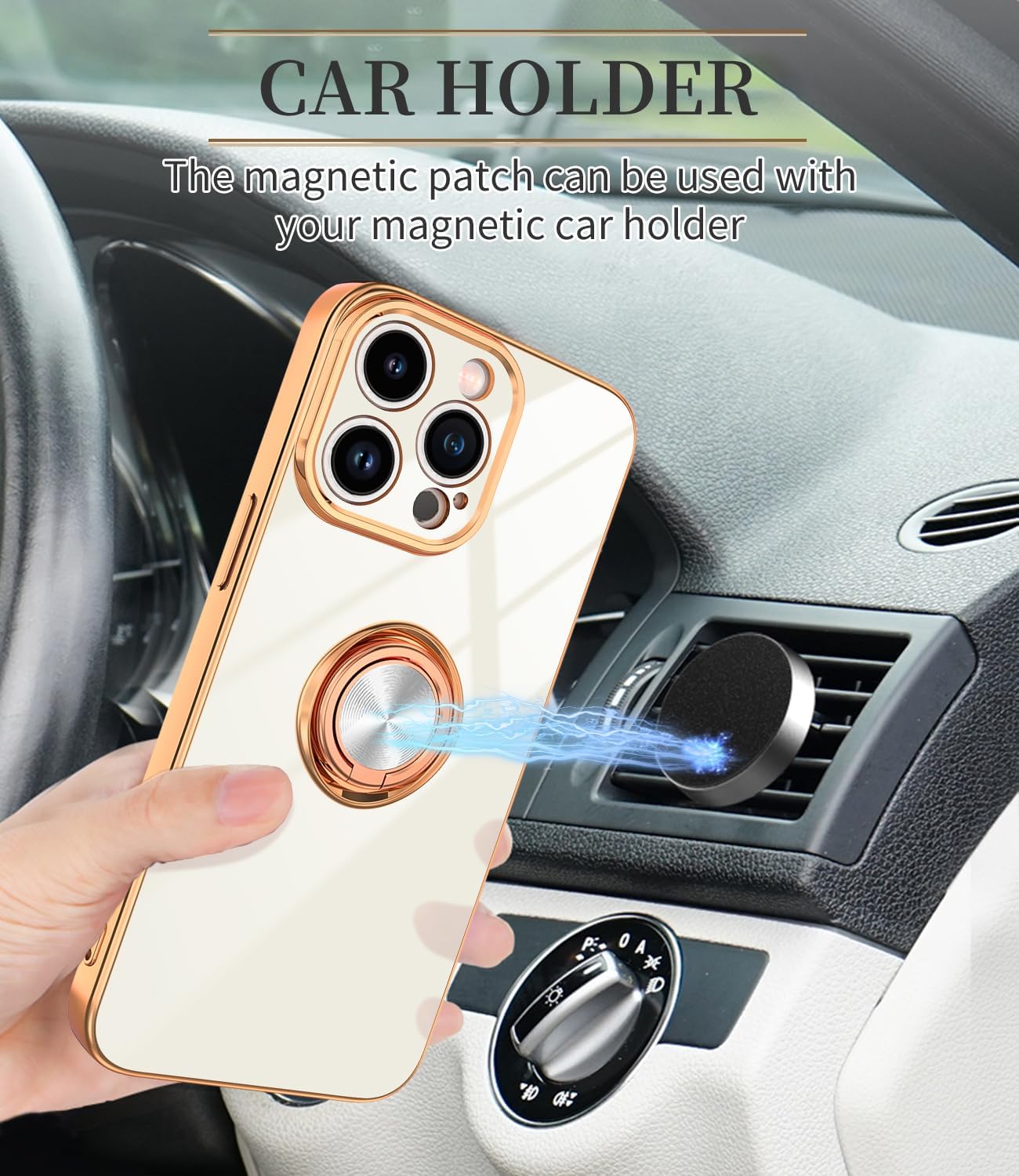 Funda blanca para iPhone 15 Pro Max con soporte de anillo con magnético parachoques de TPU suave, cubierta galvanizada dorada con purpurina, funda