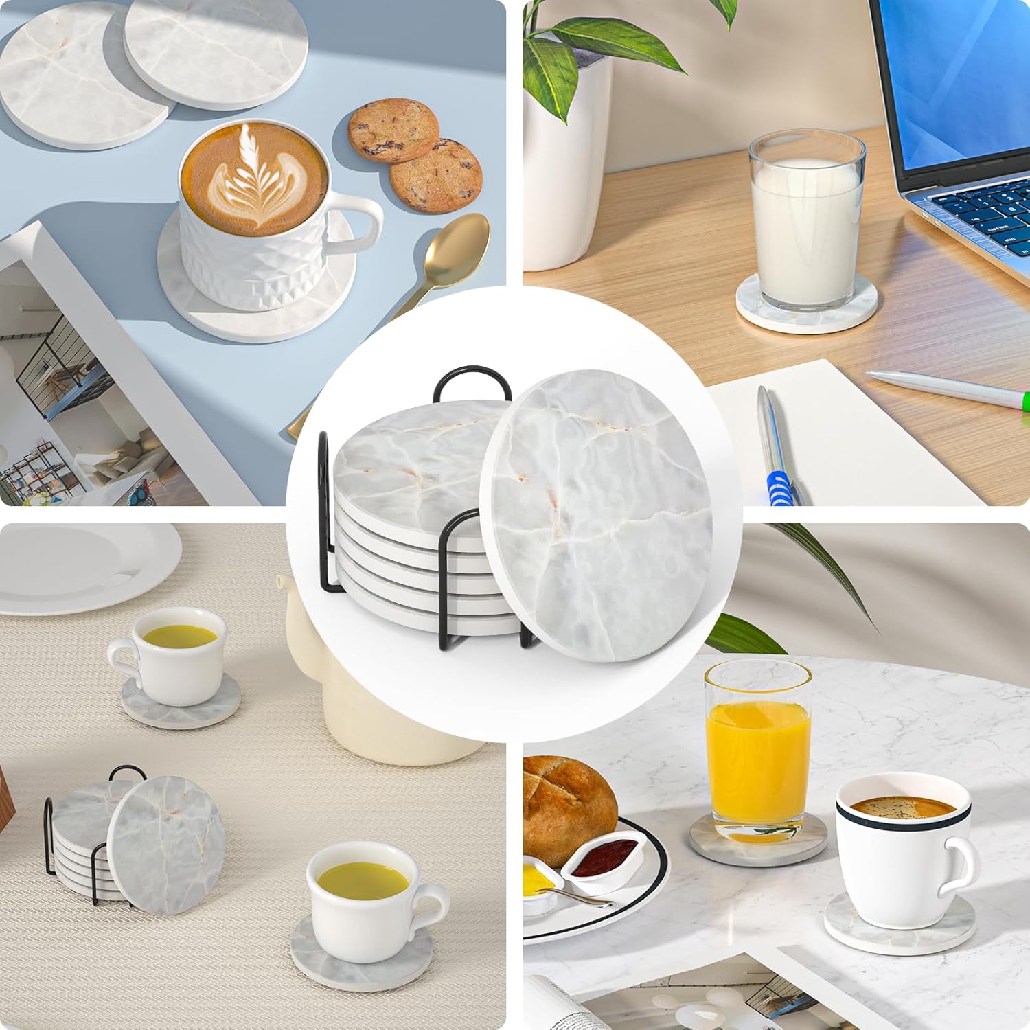 BUYAOBL Posavasos absorbentes con soporte, juego de 6 posavasos absorbentes, posavasos de ágata de cerámica de mármol, base de corcho para mesa de