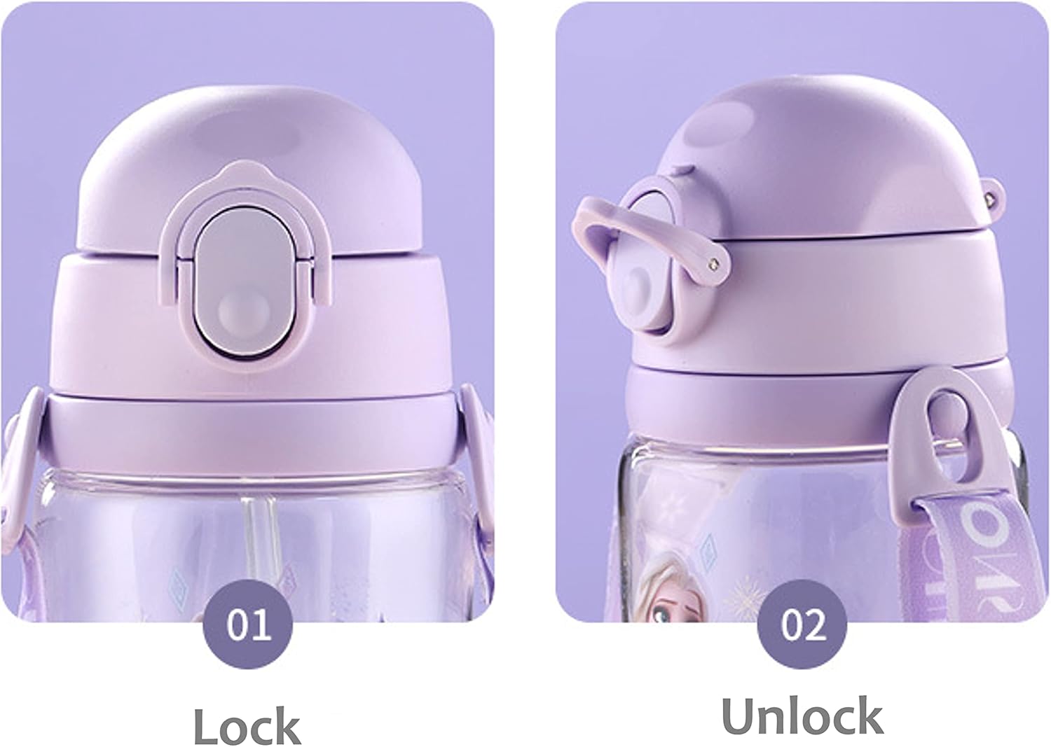 Frozen Elsa Botella De Agua Doble Cubiertas Con Pajita Y Correa 17.6 fl oz – Púrpura