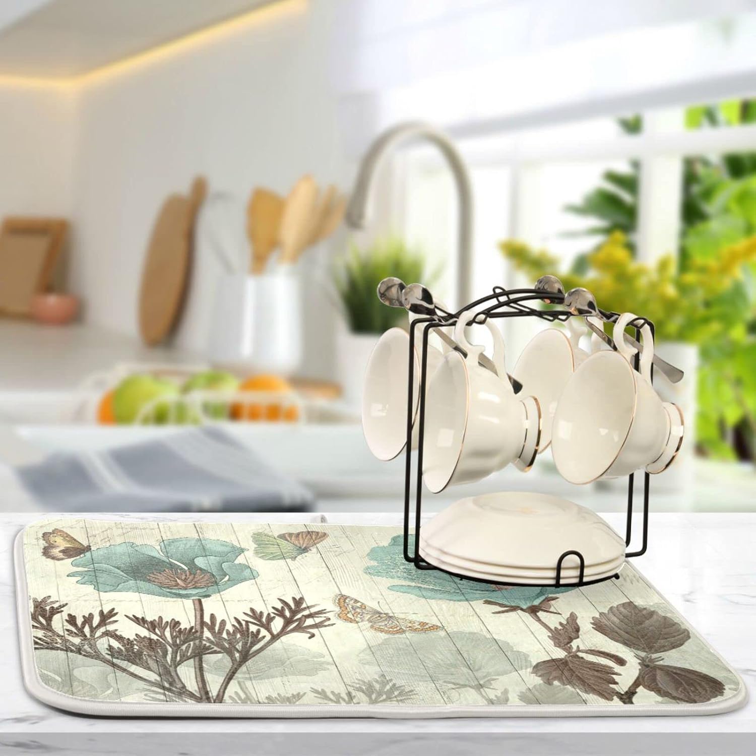 senya Tapete de secado de platos súper absorbente, microfibra de secado rápido, 24 x 18 pulgadas, almohadilla de cocina, diseño floral retro de