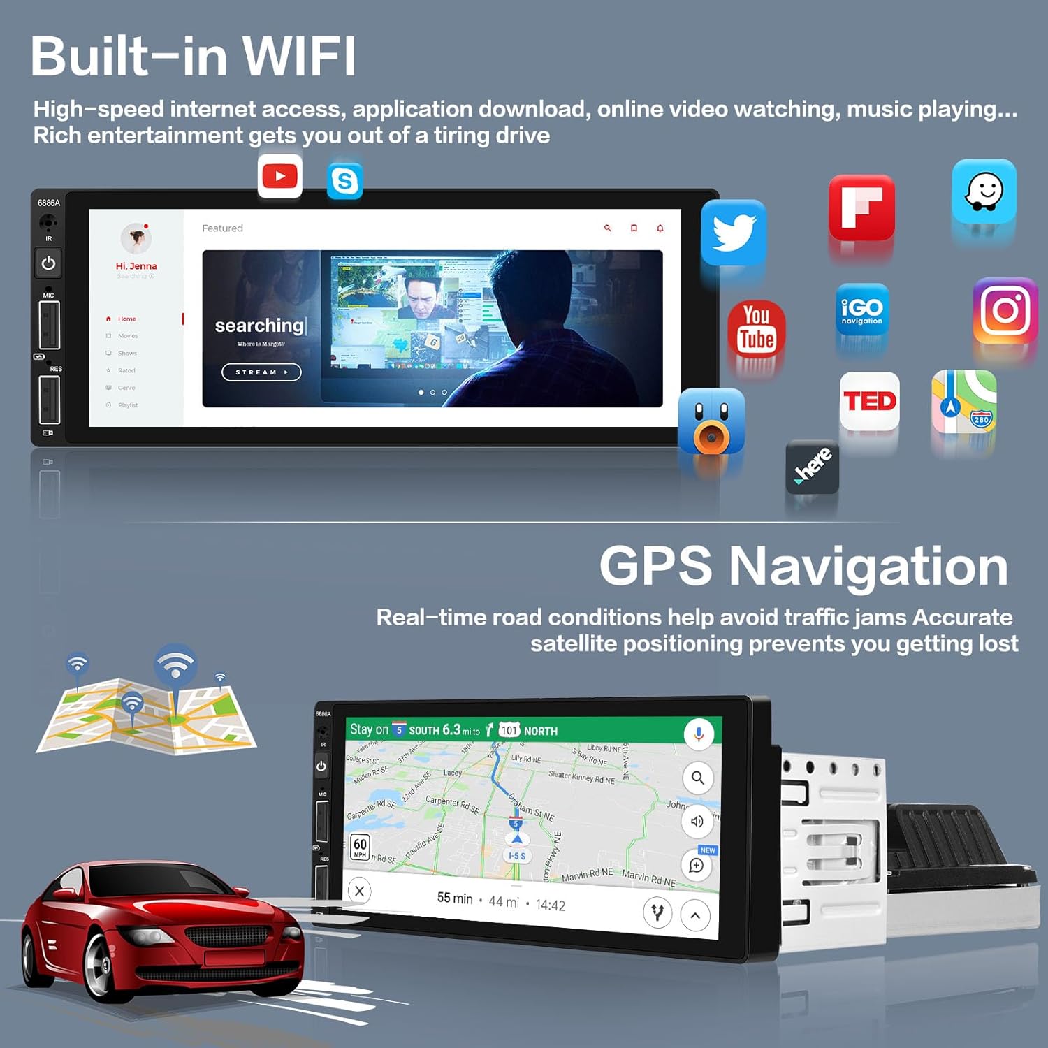 2+64G Android 13 Car Stereo Single DIN Radio inalámbrica Apple Carplay con cable Android Auto, pantalla táctil HD de 6.9 pulgadas estéreo para coche