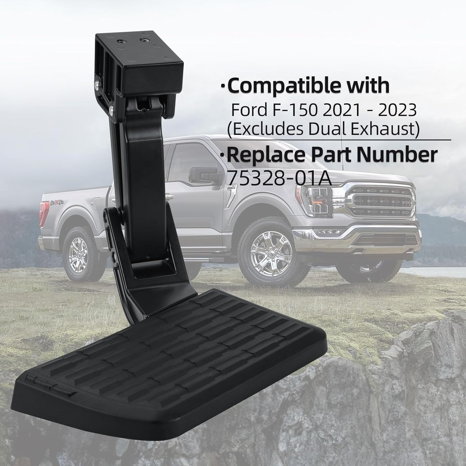 75328-01A – Escalón para cama trasera de camión compatible con Ford F150 (2021-2023) (excluye escape doble), parachoques retráctil, escalón de pie