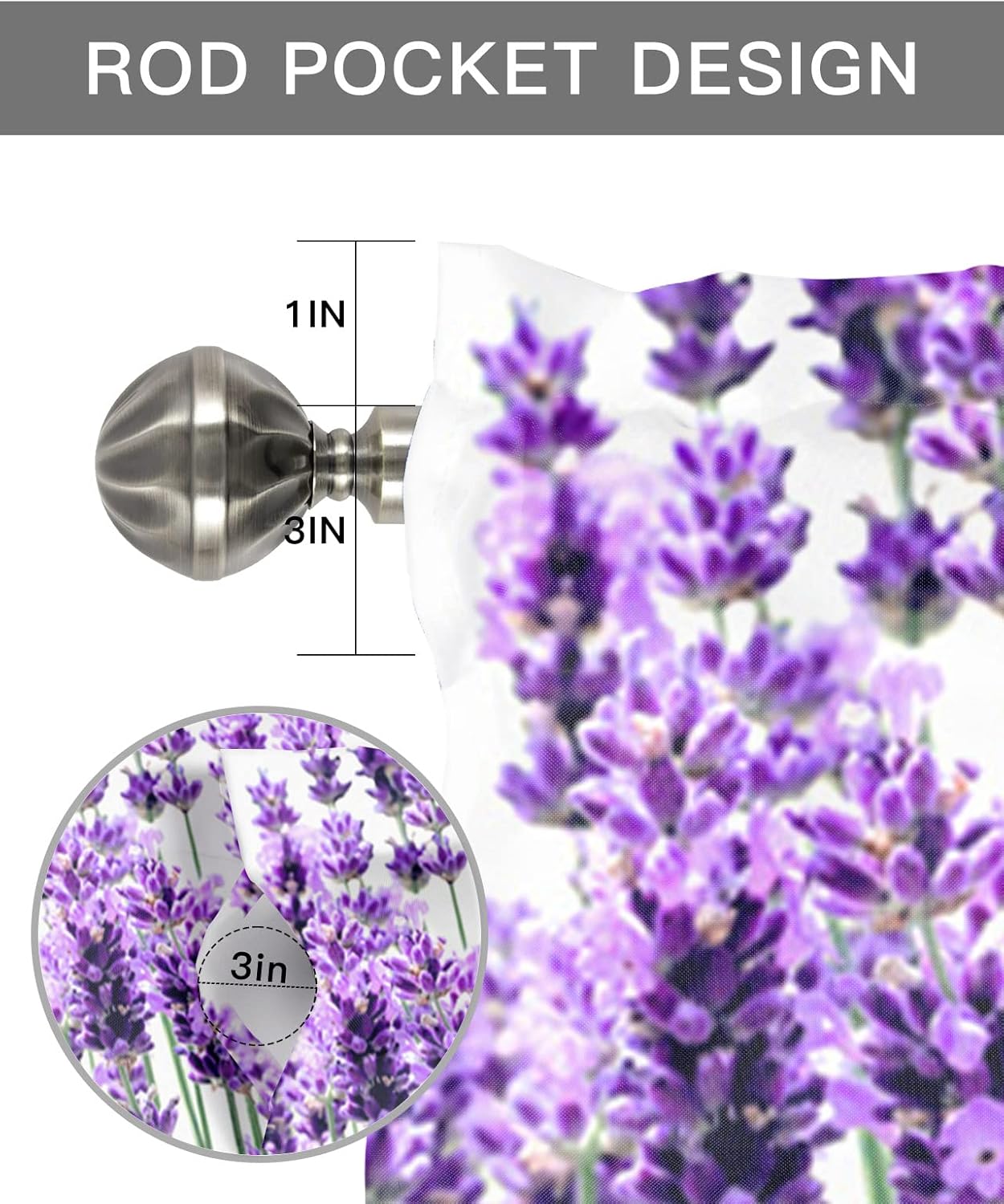 Cortina de cenefas de lavanda púrpura pastoral para cocina, cafetería, cenefa floral de primavera de 42 x 12 pulgadas, bolsillo para barra, cortinas