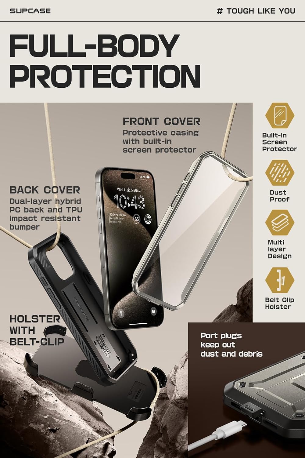 SUPCASE Unicorn Beetle Pro – Funda resistente para iPhone 15 Pro Max de 6.7 pulgadas, protector de pantalla integrado, soporte y clip para cinturón