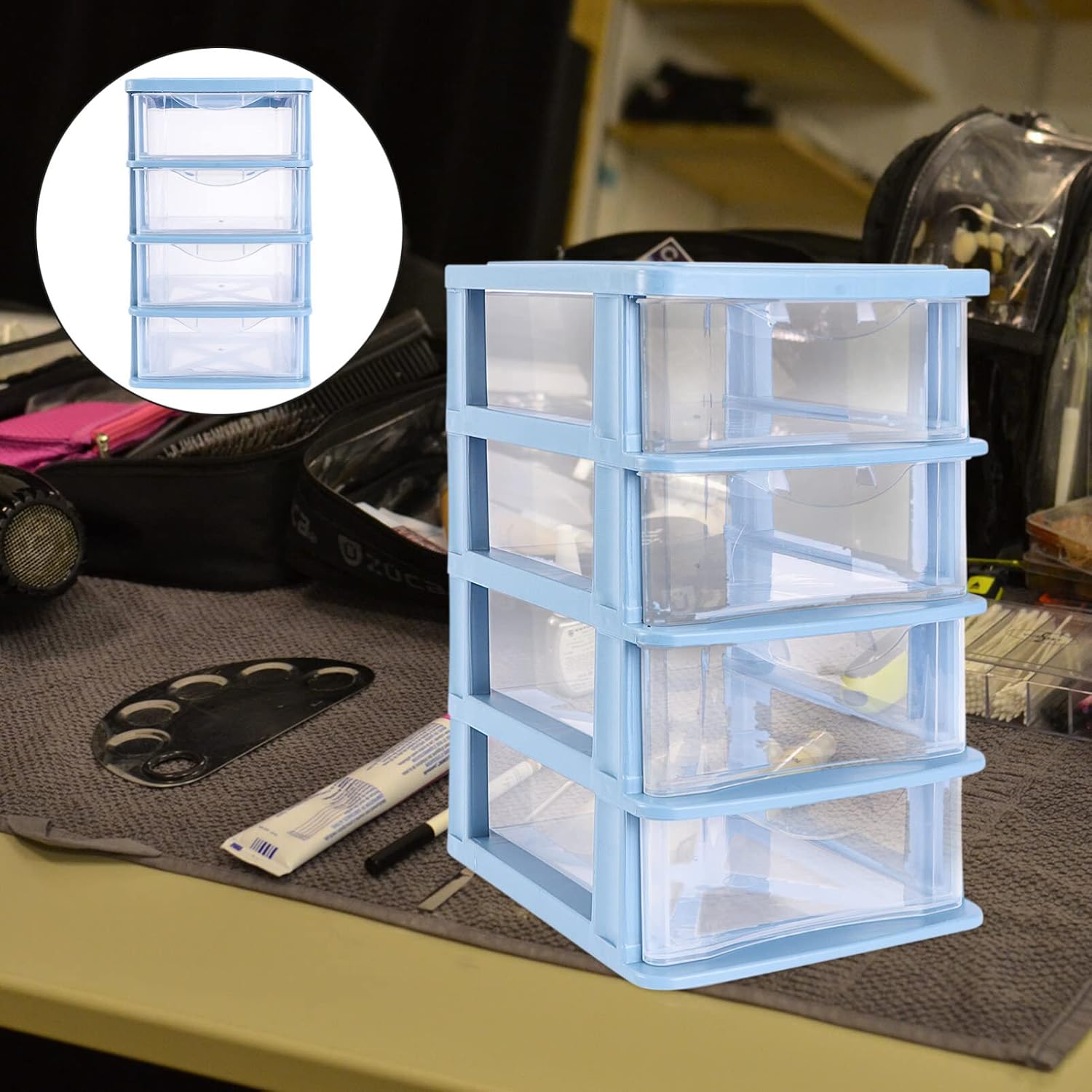 Organizador de maquillaje Cajón 1pc 3 Cajón Organizador de almacenamiento de escritorio Caja de almacenamiento de plástico azul