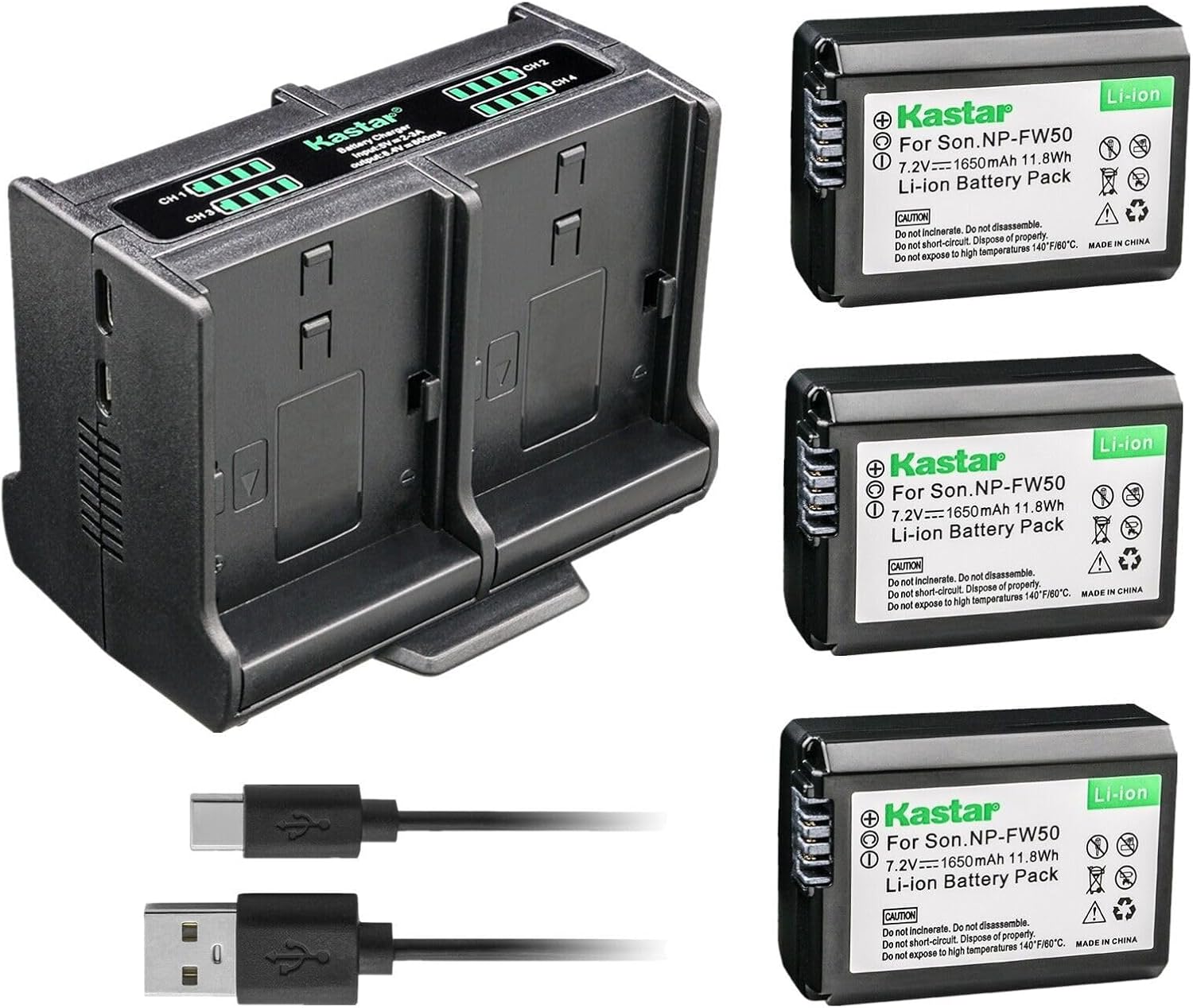 Kastar Paquete de 3 baterías y cargador cuádruple compatible con Sony ILCE-6300, Alpha 6300, a6300, ILCE-6400, Alpha 6400, a6400, ILCE-6500, Alpha