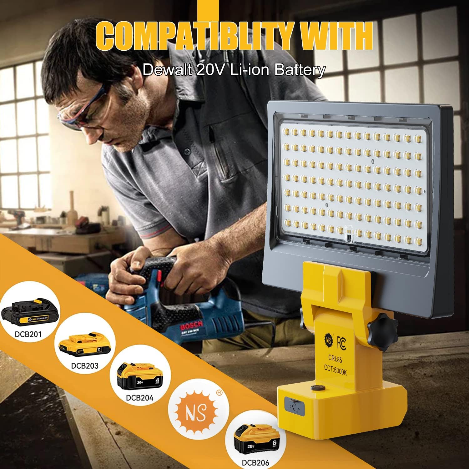 NS Luz de trabajo LED de 50 W 5000 lm para Dewalt 20 V, luces de inundación inalámbricas para emergencias, luz portátil para lugar de trabajo,