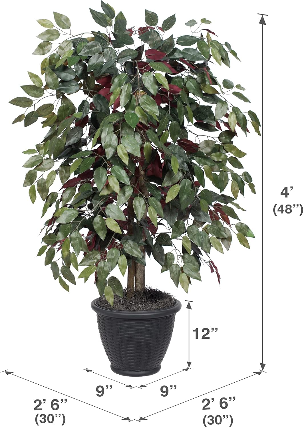 Vickerman Arbusto artificial Capensia Ficus de 4′, contenedor de plástico gris.