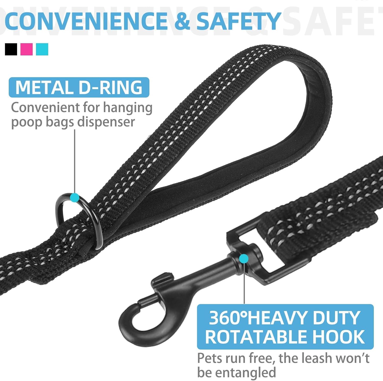 PUPTECK Correa reflectante para perro, paquete de 3 correas de nailon de 4.9 pies con clip fuerte y mango acolchado suave, correa de entrenamiento