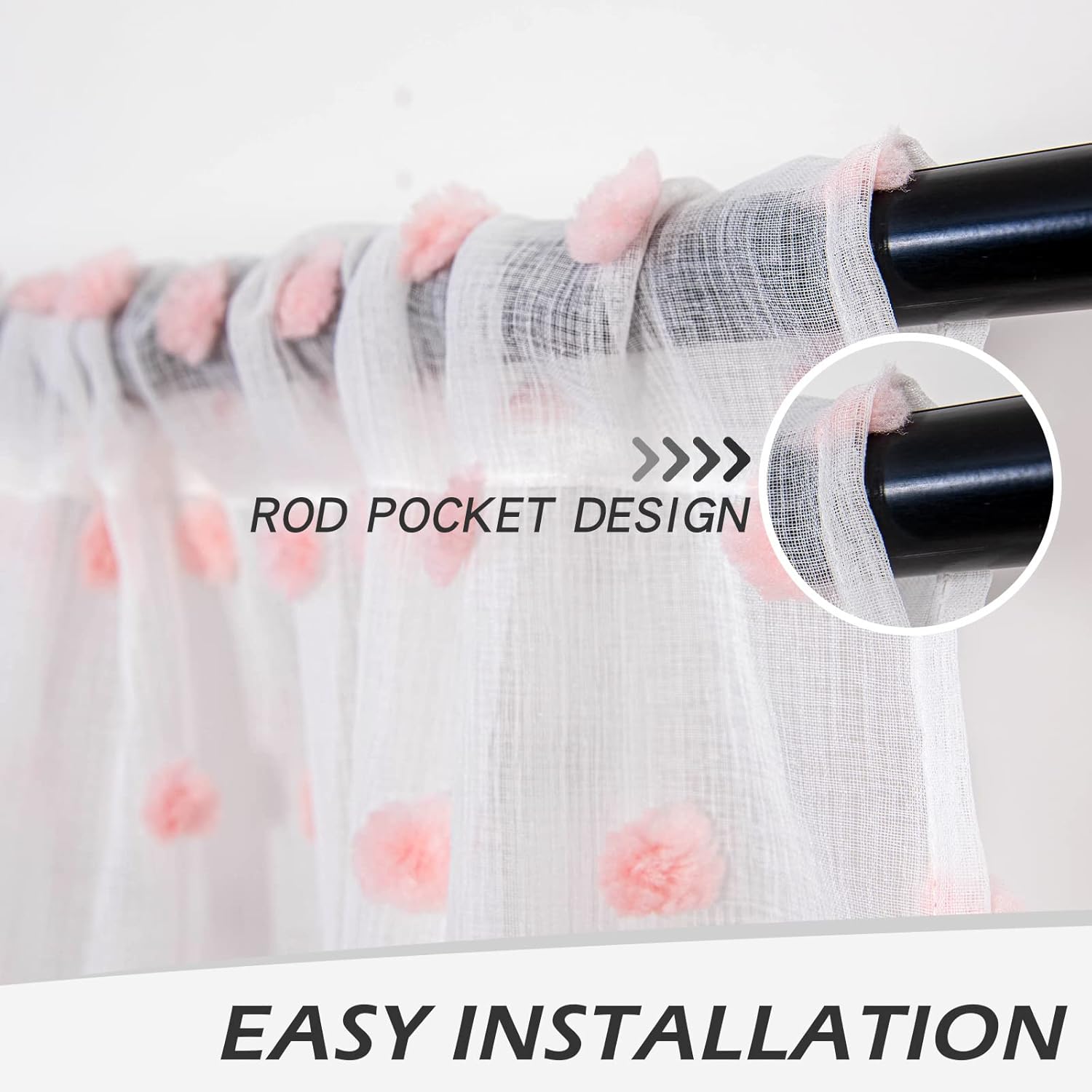 MYSKY HOME Cortinas de cocina de 45 pulgadas, cortinas pequeñas para ventana de baño, cafetería, dormitorio, con pompones rosados, cortinas