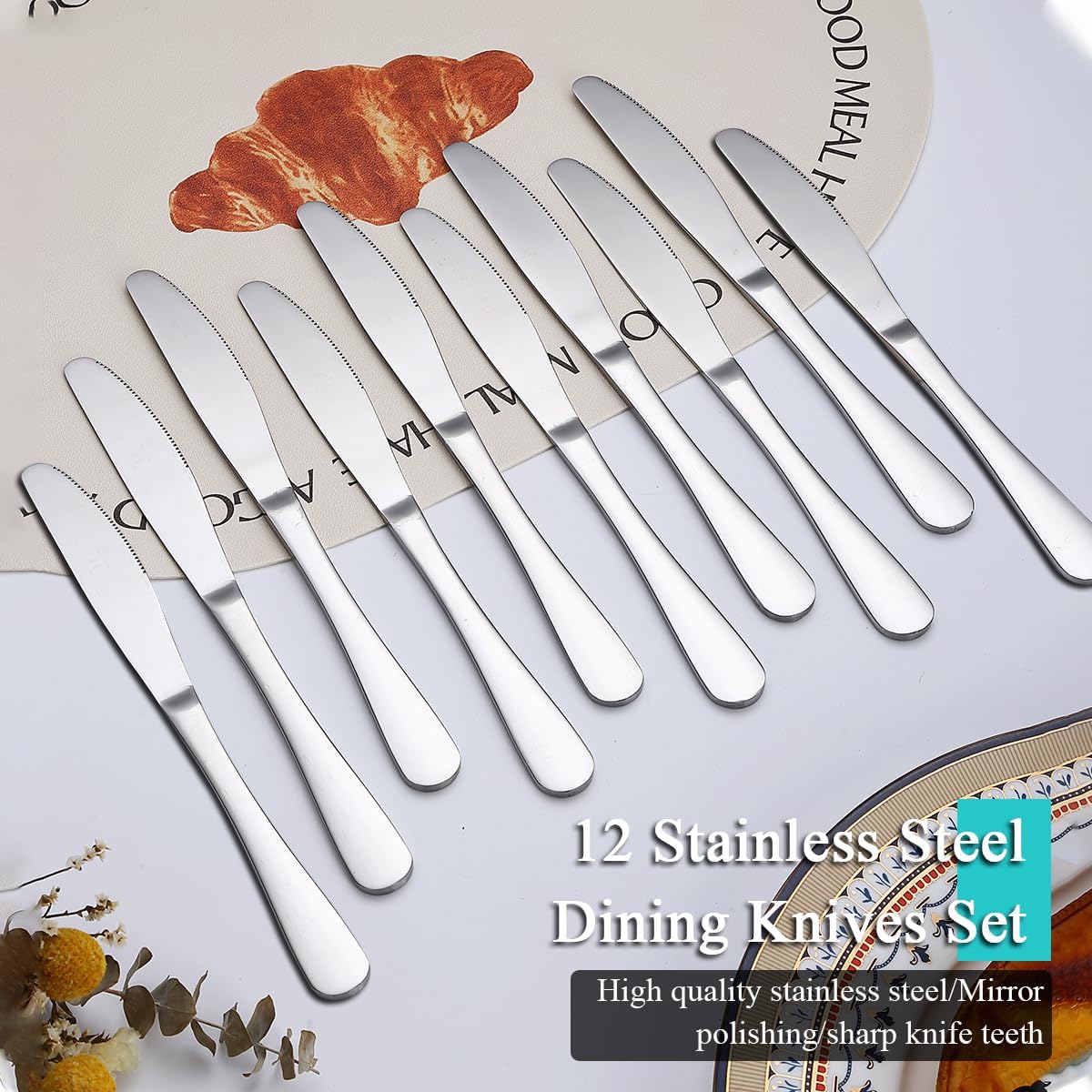 Juego de cuchillos de mesa de acero inoxidable, 12 piezas, cuchillos de mantequilla, juego de cubiertos, juego de cubiertos, apto para lavavajillas