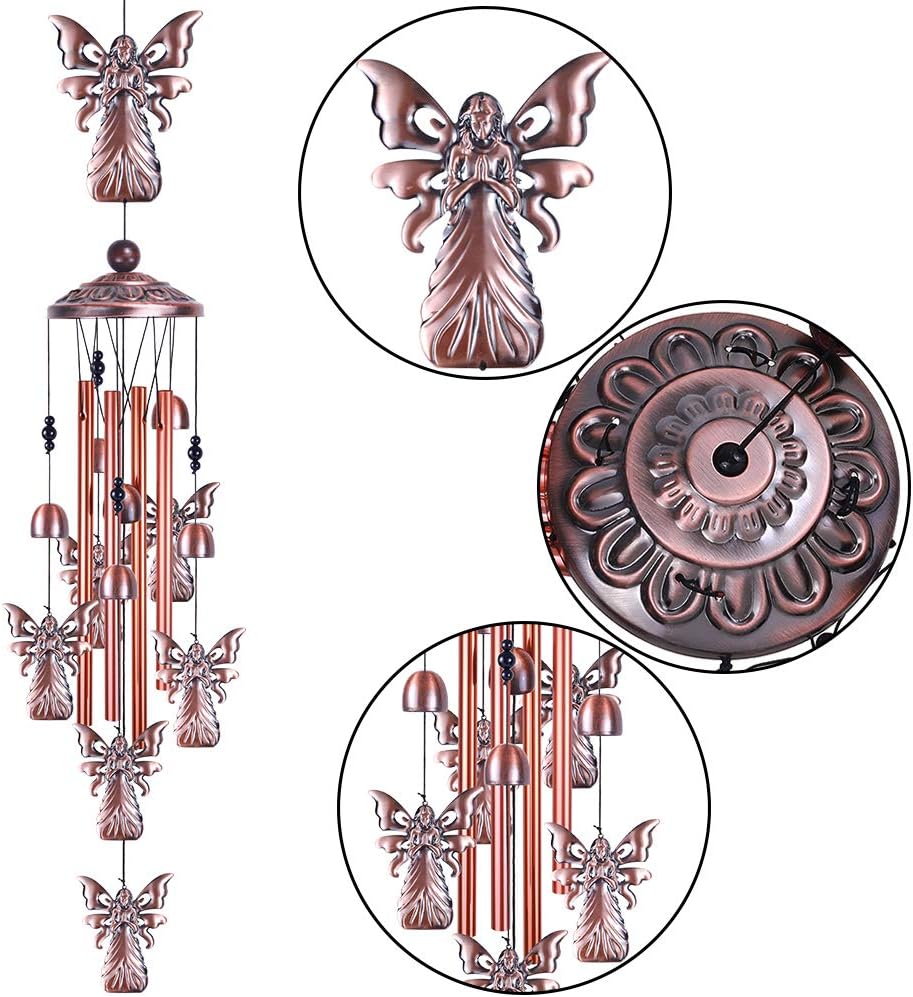 Campanillas de viento de ángel de jardín de 36 pulgadas para decoración interior y exterior, con 4 tubos de aluminio, 6 campanas, 7 ángeles,