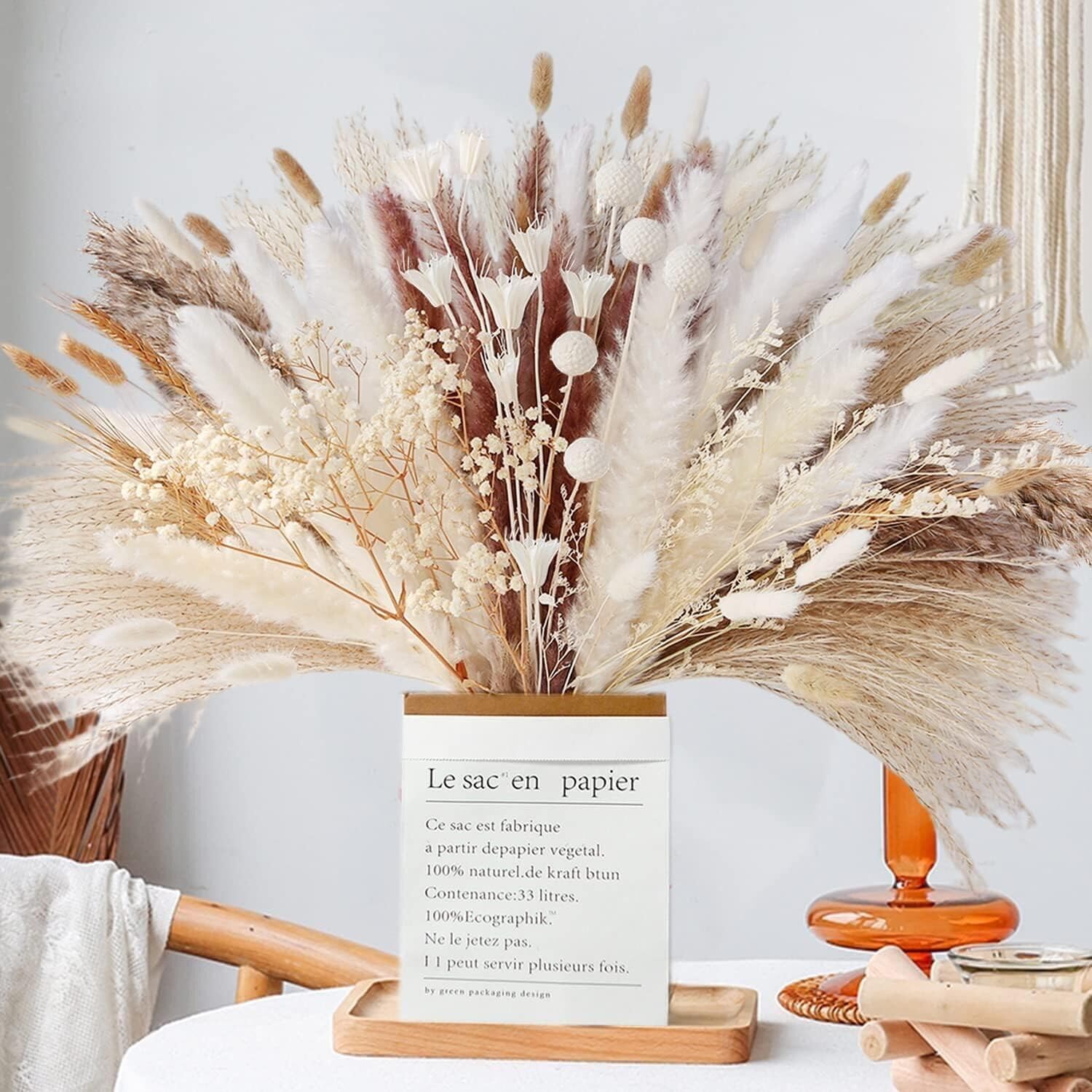 120 ramos de hierba seca de las pampas, 12 flores secas, cola de conejo, hierba blanca pomposa, decoración bohemia para el hogar, 17 pulgadas,