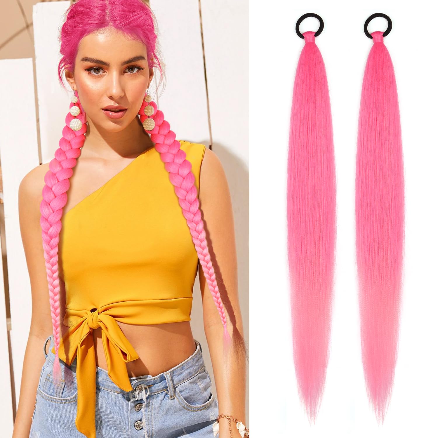 Paquete de 2 extensiones de cola de caballo trenzada con lazo elástico, recta y elegante peluca trenzada envolvente, color rosa degradado, 26