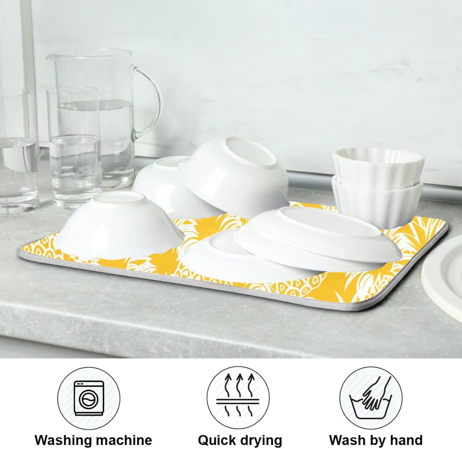 Tapete de secado de platos hawaiano tropical de piña amarilla brillante, lavable, absorbente, escurridor de platos, para encimera de cocina, tapete