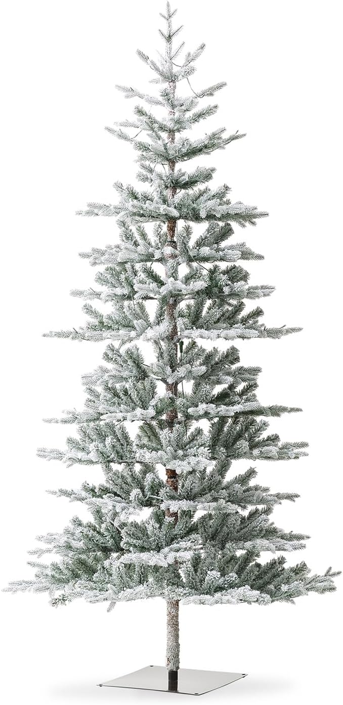 glitzhome Árbol de Navidad artificial de abeto flocado de lujo de 8 pies, árbol de Navidad con bisagras con 450 luces blancas cálidas, tres