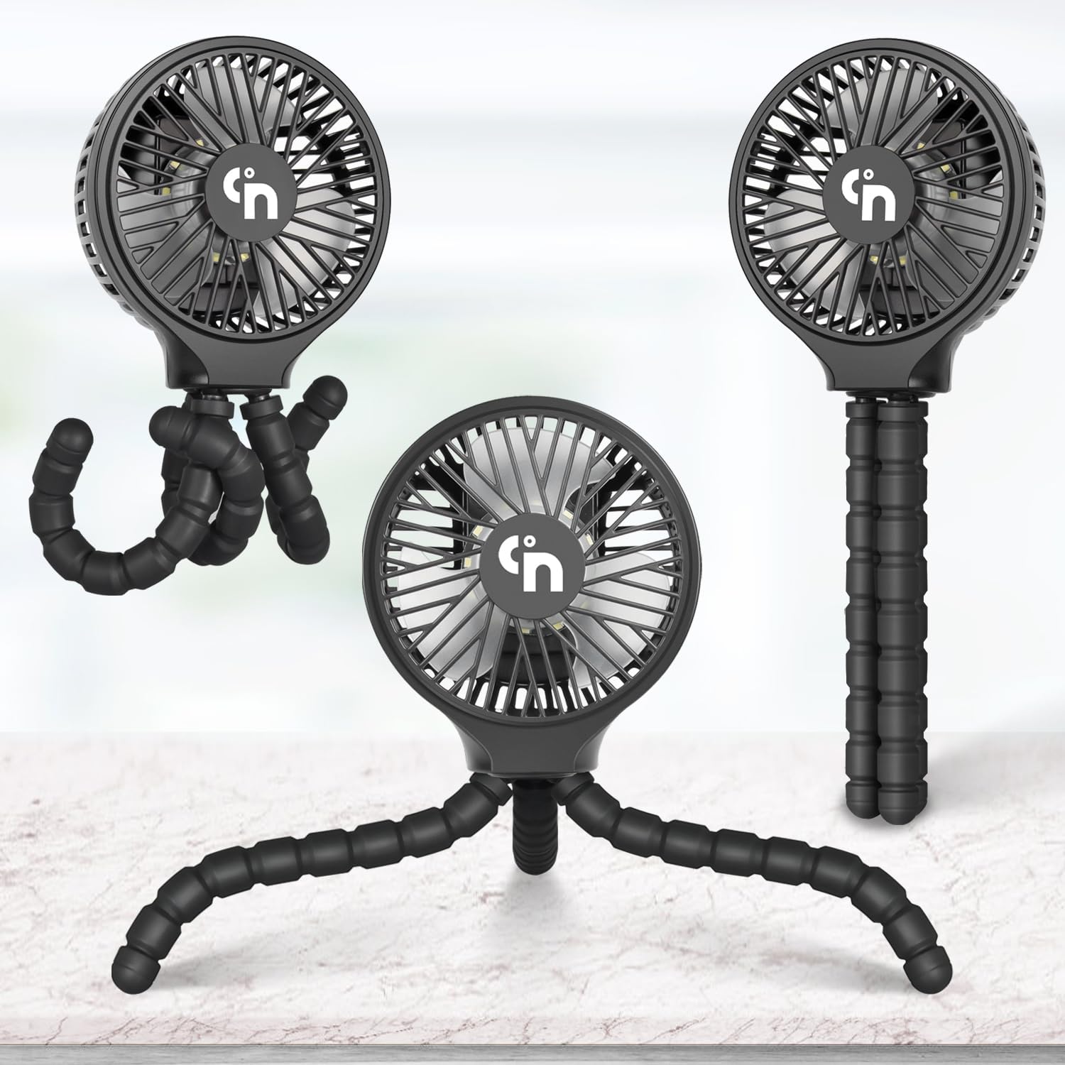 WiHoo Ventilador de cochecito de 5200 mAh con luces LED, ventilador portátil para asiento de automóvil, ventilador de cochecito de bebé con trípode