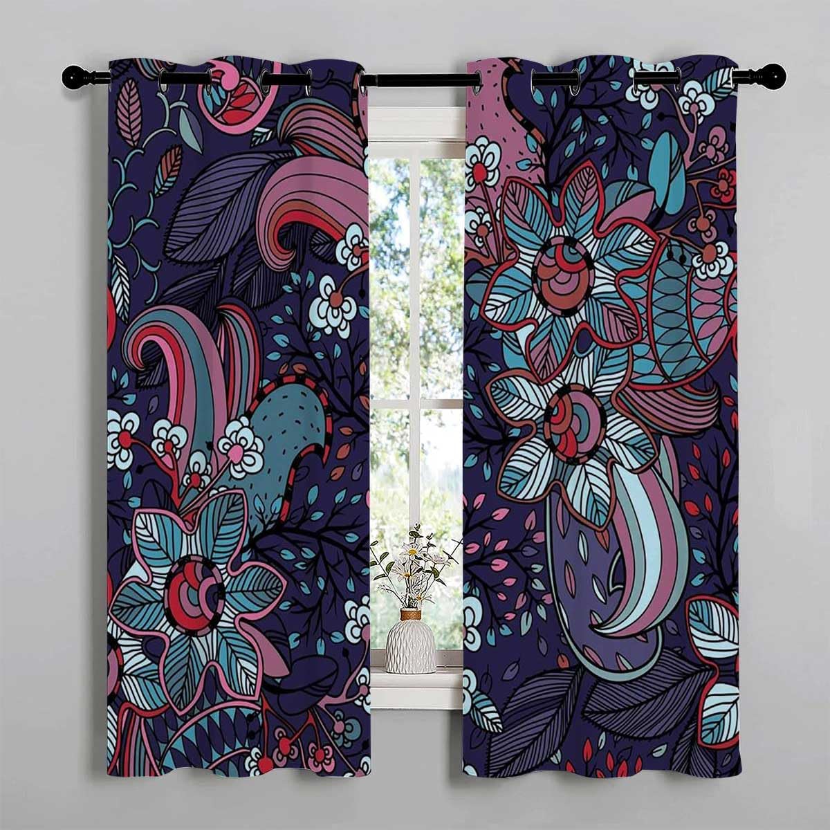 YANFENQI Cortina para Dividir Habitacion Retro Floral Graffiti Grommet Short Japanese Sliding Door Curtain Wall 55Inch Width by 45Inch Length,2