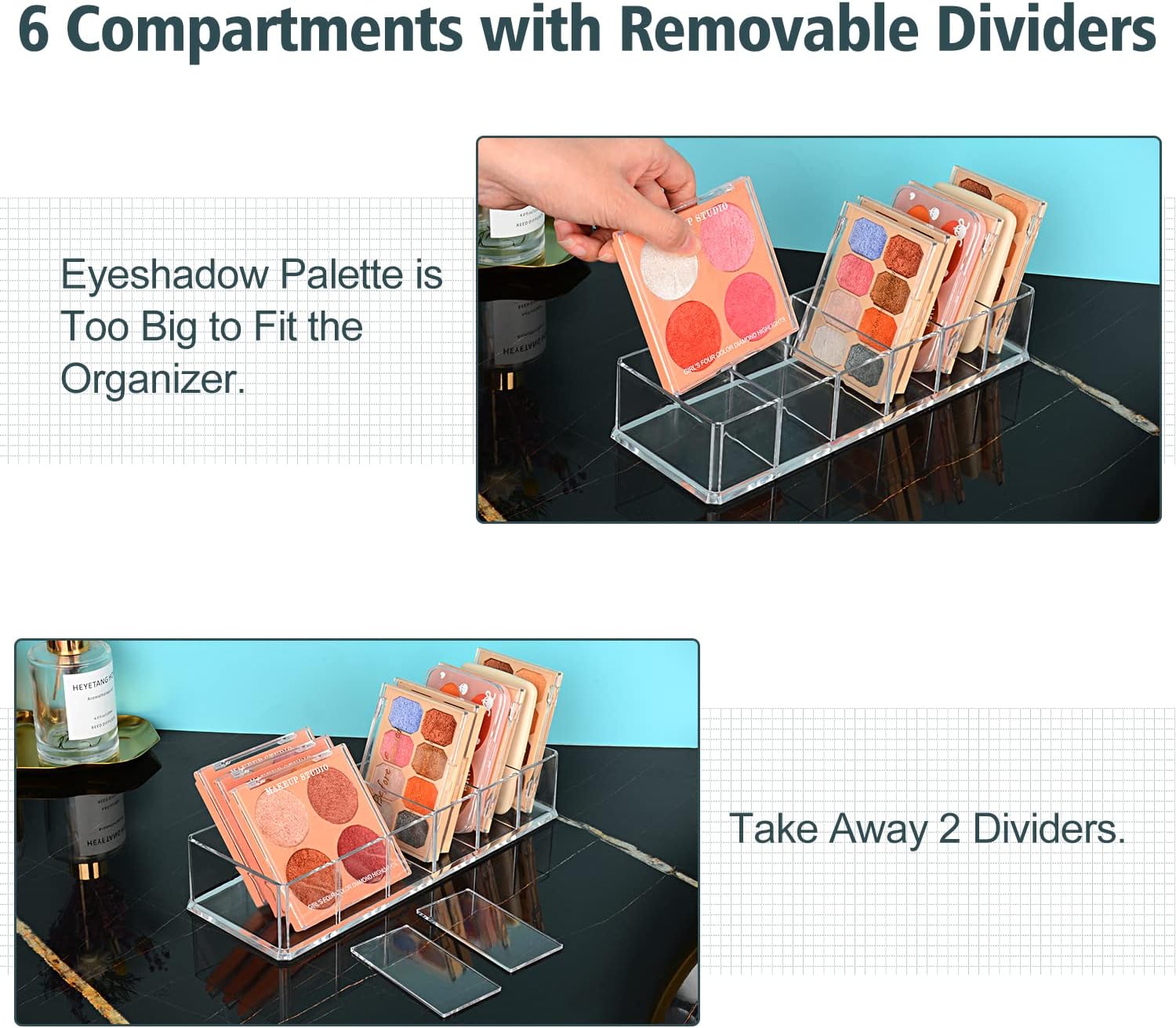 JessLab Organizador de acrílico, 6 secciones de cubo organizador de maquillaje para cajón, organizador de maquillaje para tocador, encimera, baño,