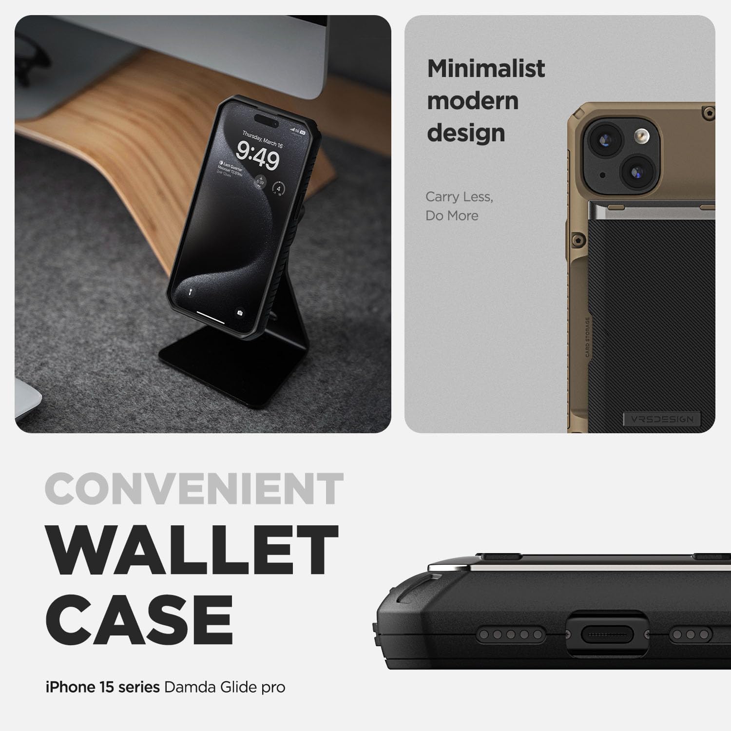 VRS DESIGN Damda Glide Pro – Funda para iPhone 15, resistente funda semiautomática (4 tarjetas) compatible con iPhone 15 (2023)