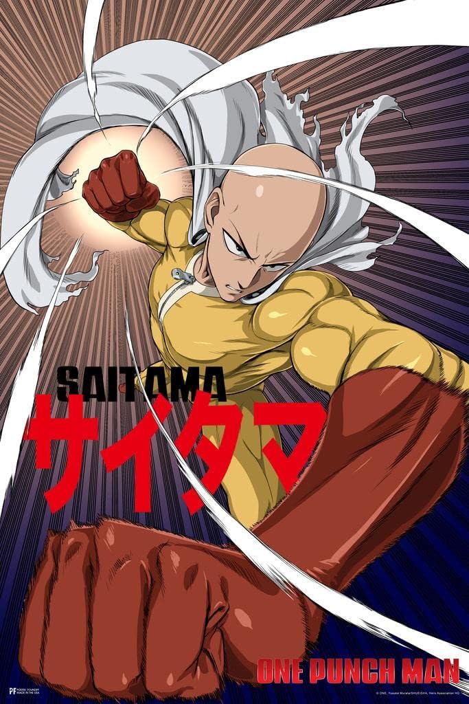 Laminated One Punch Man Saitama Flying Punch – Póster de anime de superhéroes japoneses con texto en inglés, 12 x 18 pulgadas