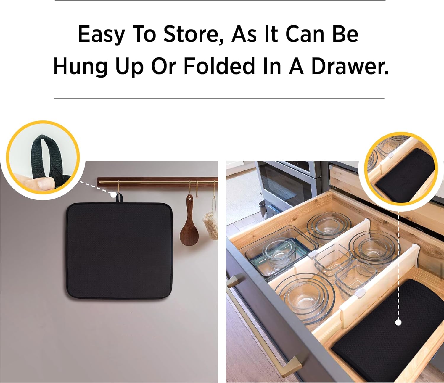 Tapete de secado de platos prémium de microfibra súper absorbente de 16 x 18 pulgadas, escurridor de platos, doble superficie (negro)