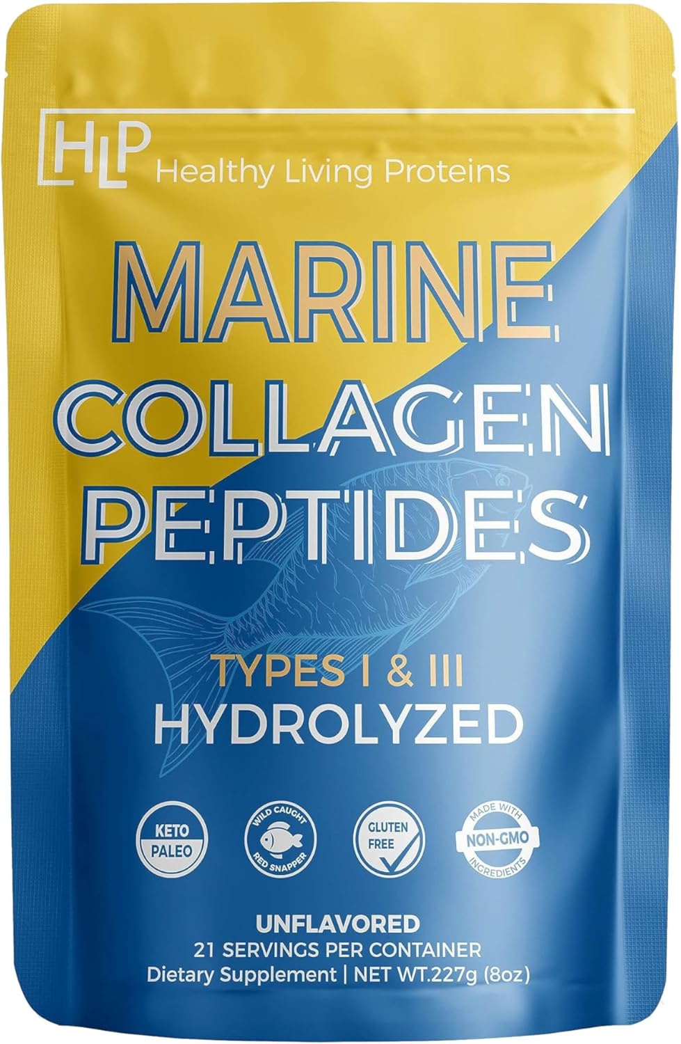 Healthy Living Proteins  Péptidos marinos de colágeno tipo 1 y 111  0.98 onzas de proteína de pescado, pescado silvestre de origen natural, sin OMG,