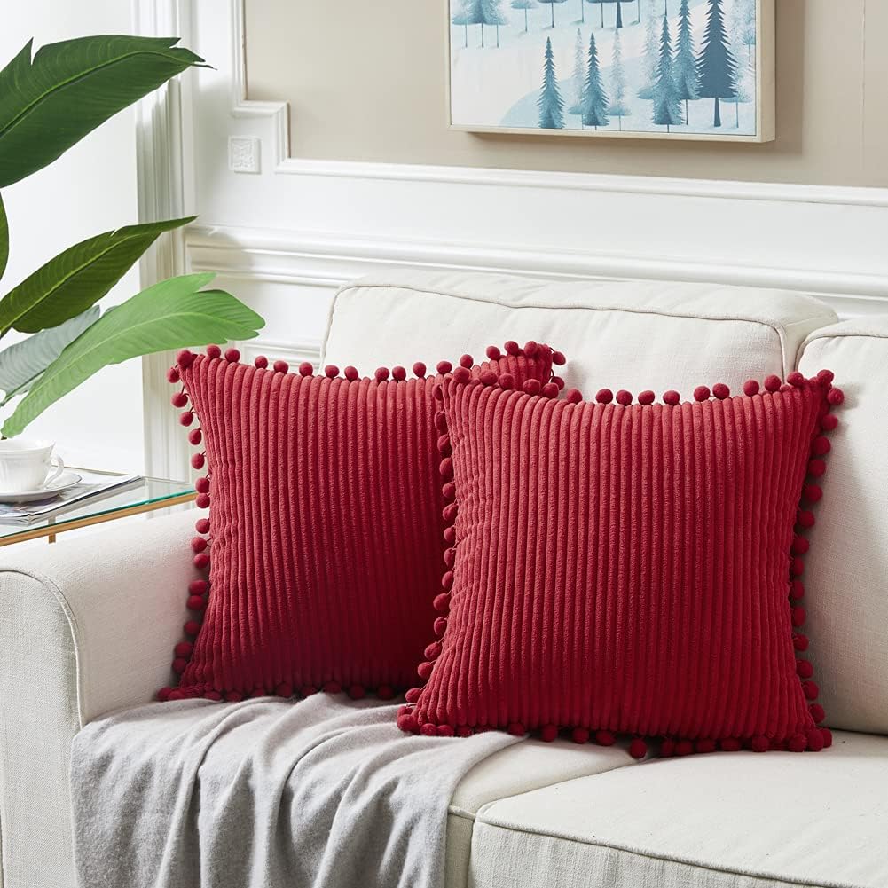 Fancy Homi – 2 paquetes de fundas decorativas de cojín de 20 x 20 pulgadas, con pompones, ideales para la decoración del hogar en Navidad funda de