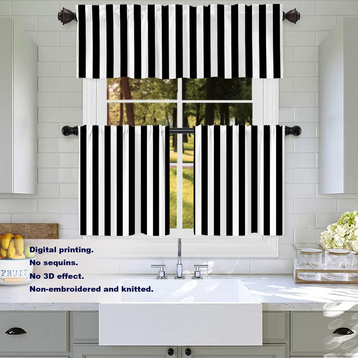 Batmerry Cortinas negras modernas y sencillas a rayas, con diseño geométrico de cebra en negro y blanco, cortina de cocina corta de poliéster para