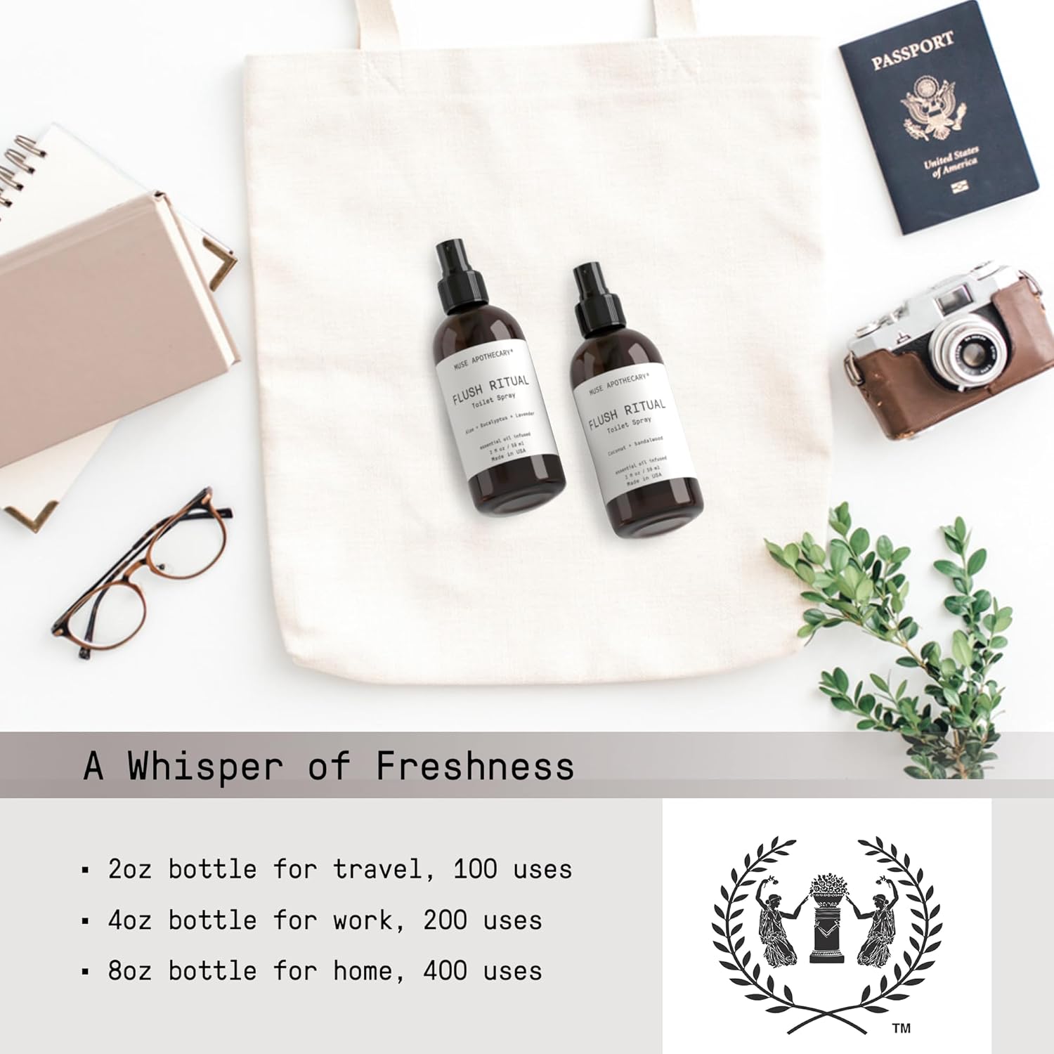 Muse Apothecary Flush Ritual – Aerosol aromático y refrescante para inodoro, uso antes de ir, 4 onzas, infundido con aceites esenciales naturales,