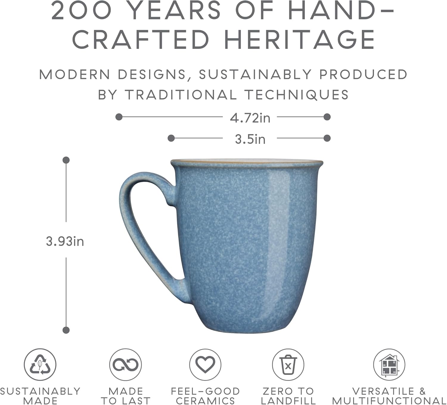 Denby – Elements Blue – Juego de 4 tazas de café grandes de 11.15 onzas para oficina y hogar, aptas para lavavajillas, microondas – Tazas de té de