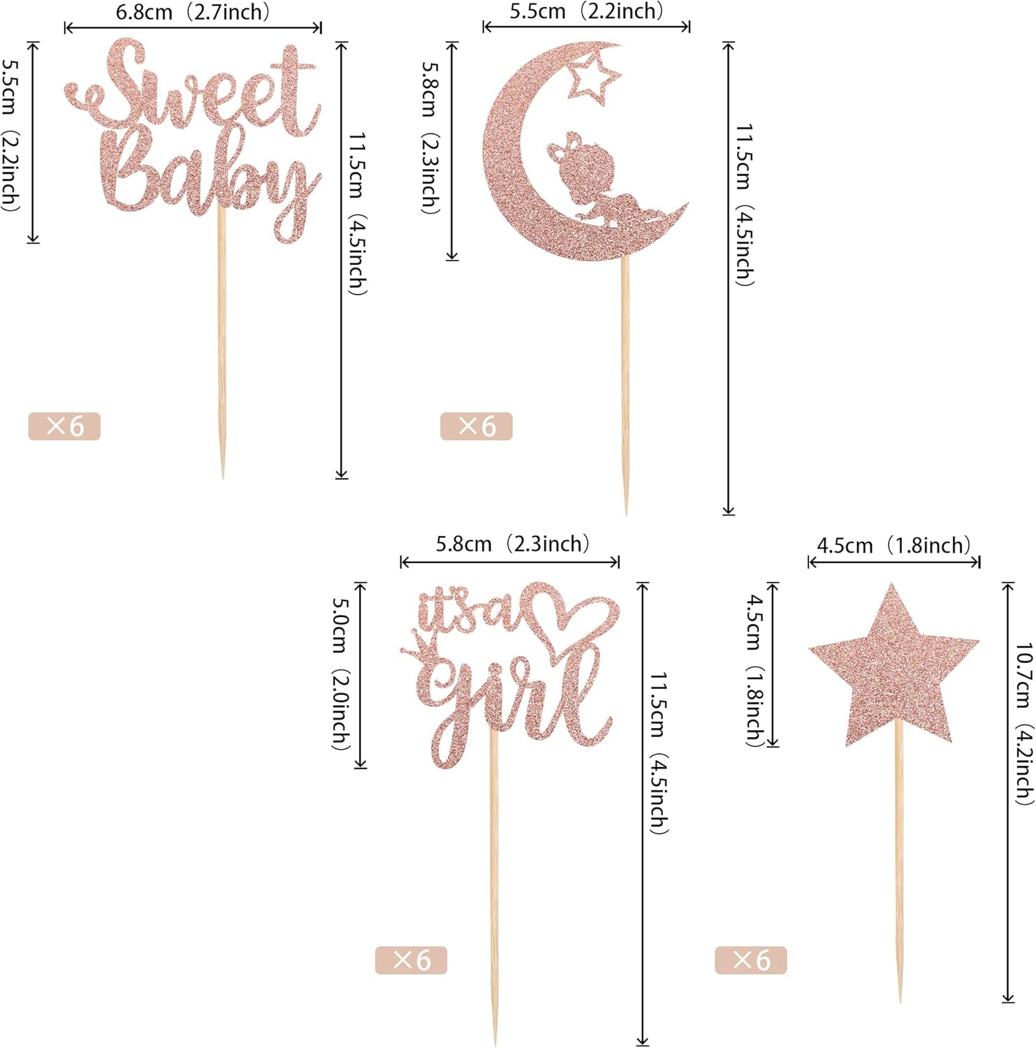 36 piezas de decoración para cupcakes para baby shower con luna con purpurina y estrella It’s a Girl Sweet Baby Reveal para cupcakes Baby Shower